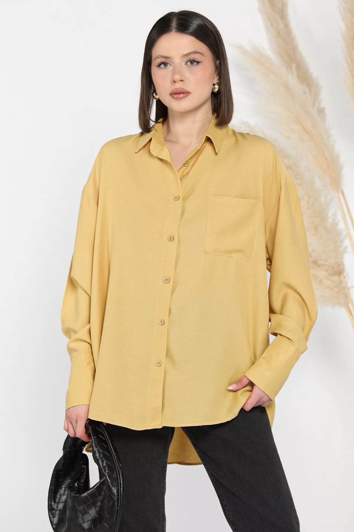 GÜLSELİ-Mustard Women's Single Pocket Loose Shirt 3