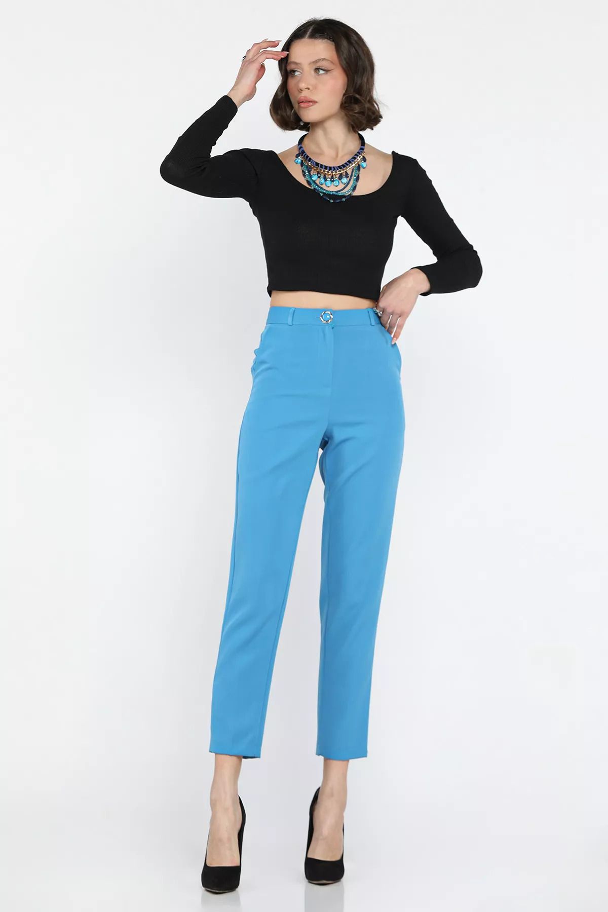 GÜLSELİ-Blue Women's Fabric Trousers 2