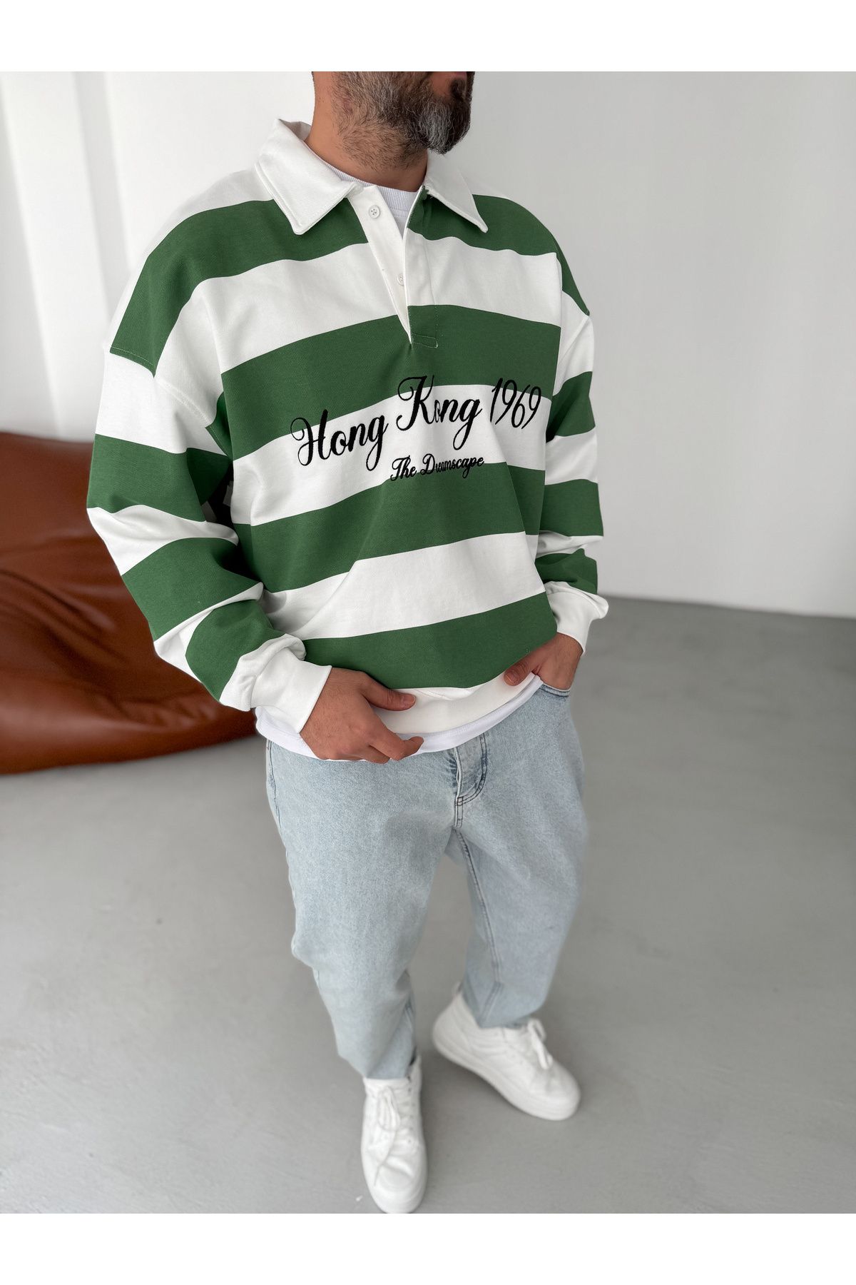 BYBASICMAN-Green Striped Hong Kong Embroidered Sweat Jj-102 3