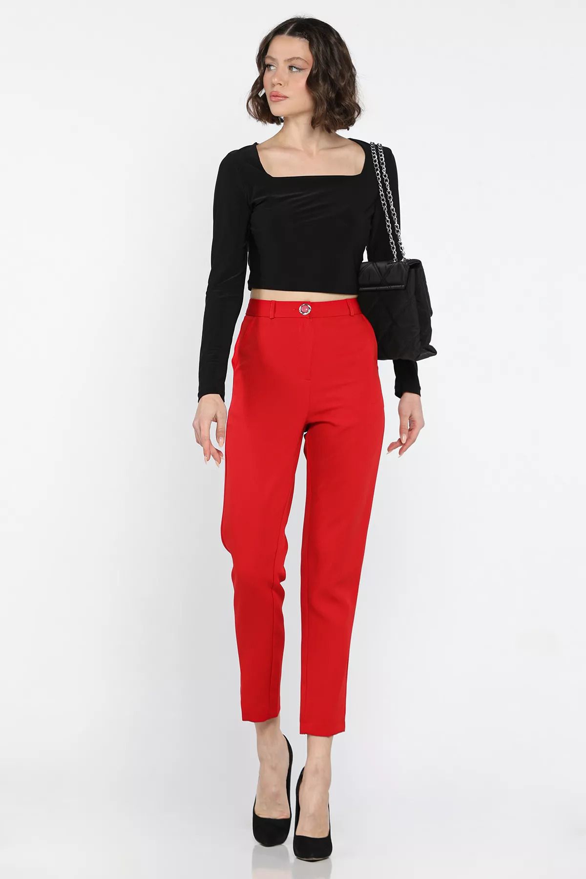 GÜLSELİ-Red Women's Fabric Trousers 2