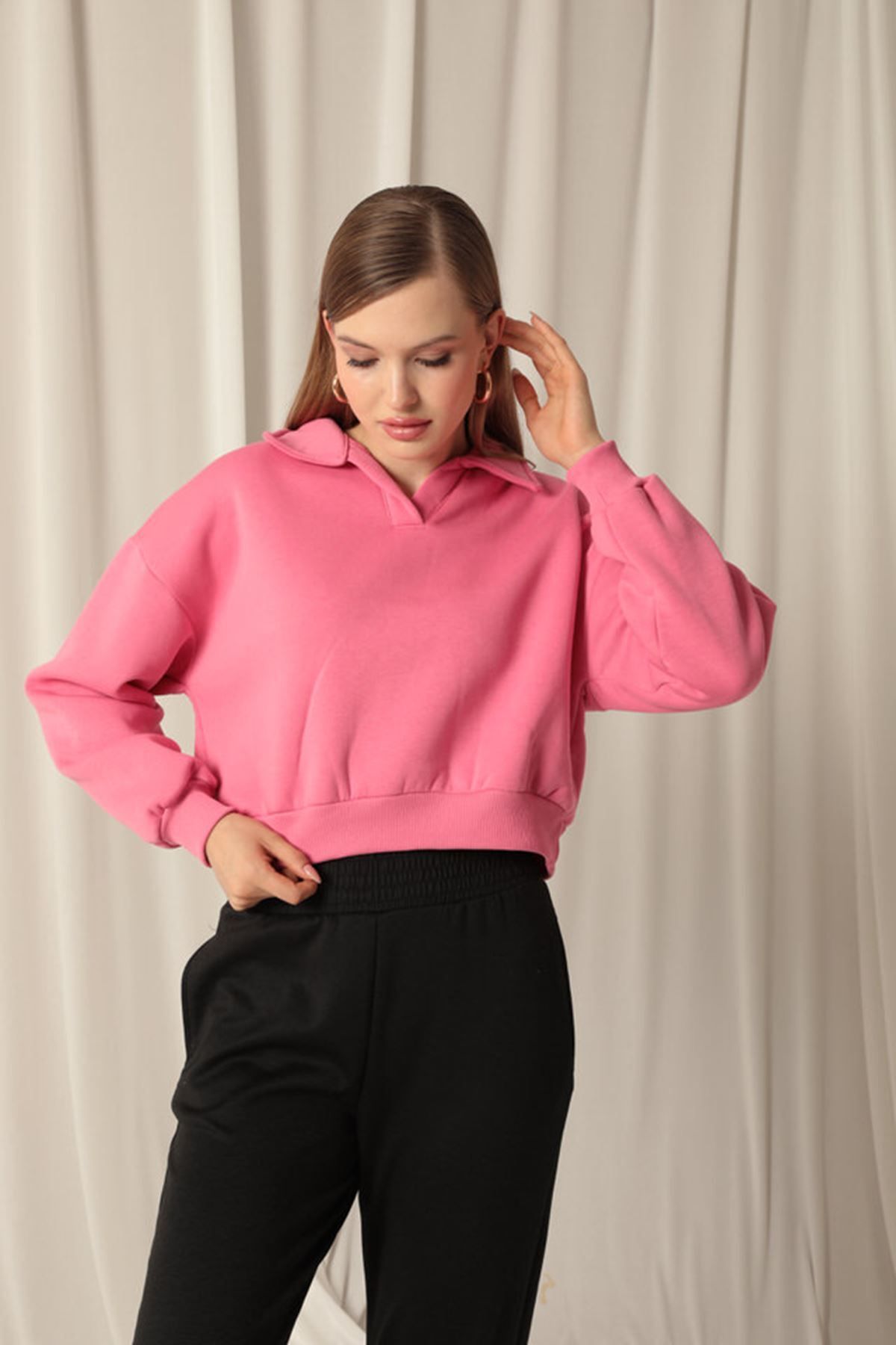 Znd Fashion-Three Thread Placket Collar Short Women's Pink Sweat 3