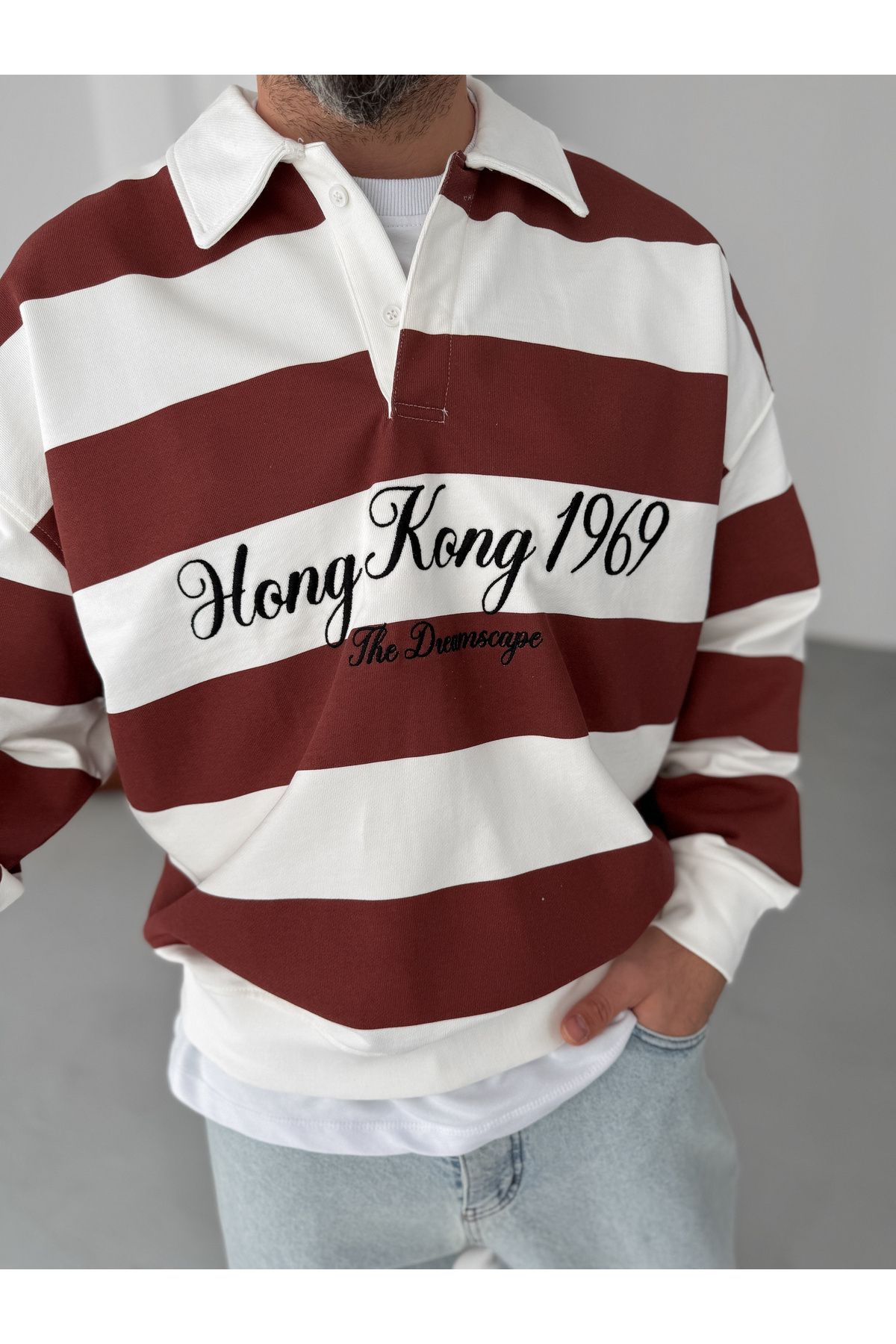 BYBASICMAN-Hong Kong Embroidered Sweat - Brown Striped Jj-102 5