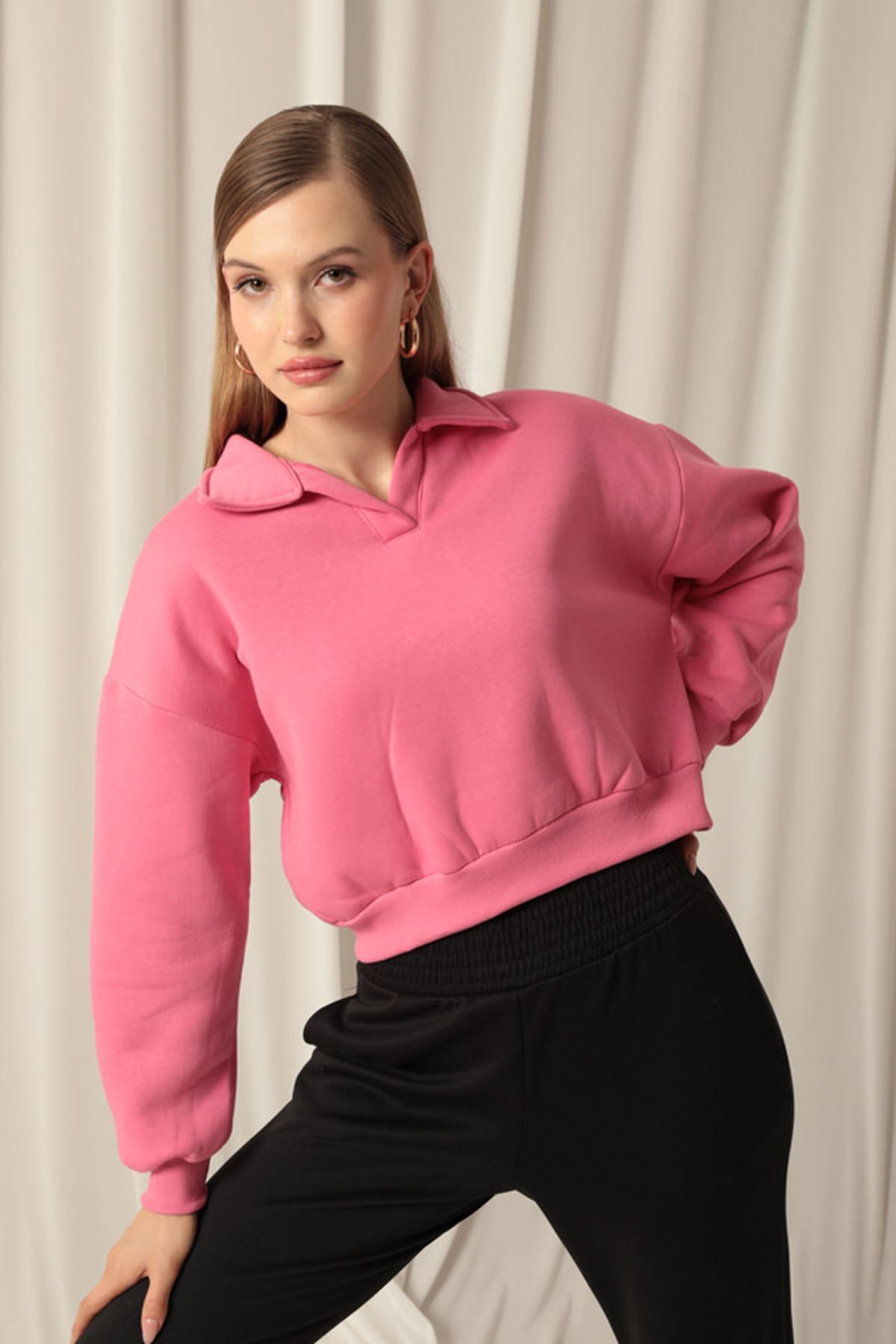 Znd Fashion-Three Thread Placket Collar Short Women's Pink Sweat 6