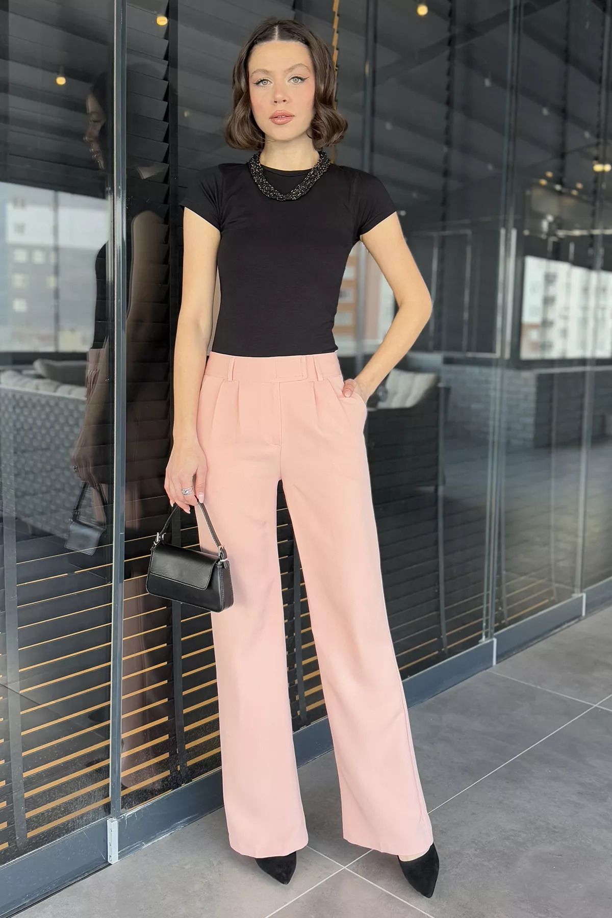 GÜLSELİ-Pantaloni de damă din țesătură cu talie pudra cu velcro 1