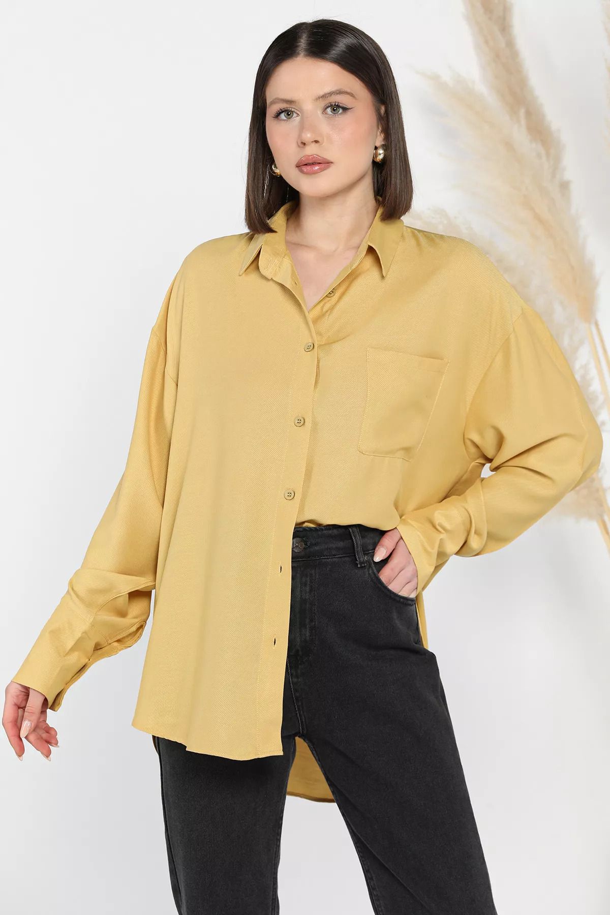 GÜLSELİ-Mustard Women's Single Pocket Loose Shirt 1