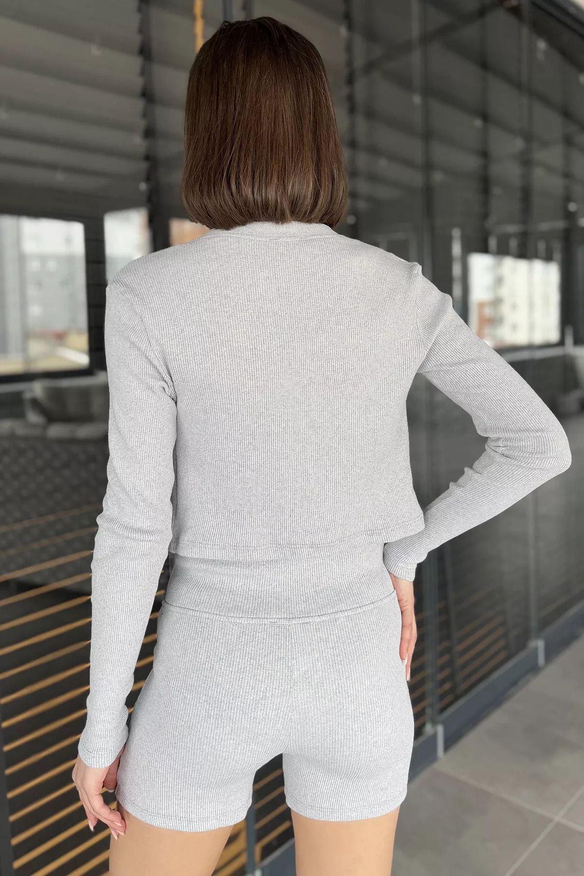 GÜLSELİ-Gray Women's Camisole Crop Cardigan Shorts Three Piece Set 3