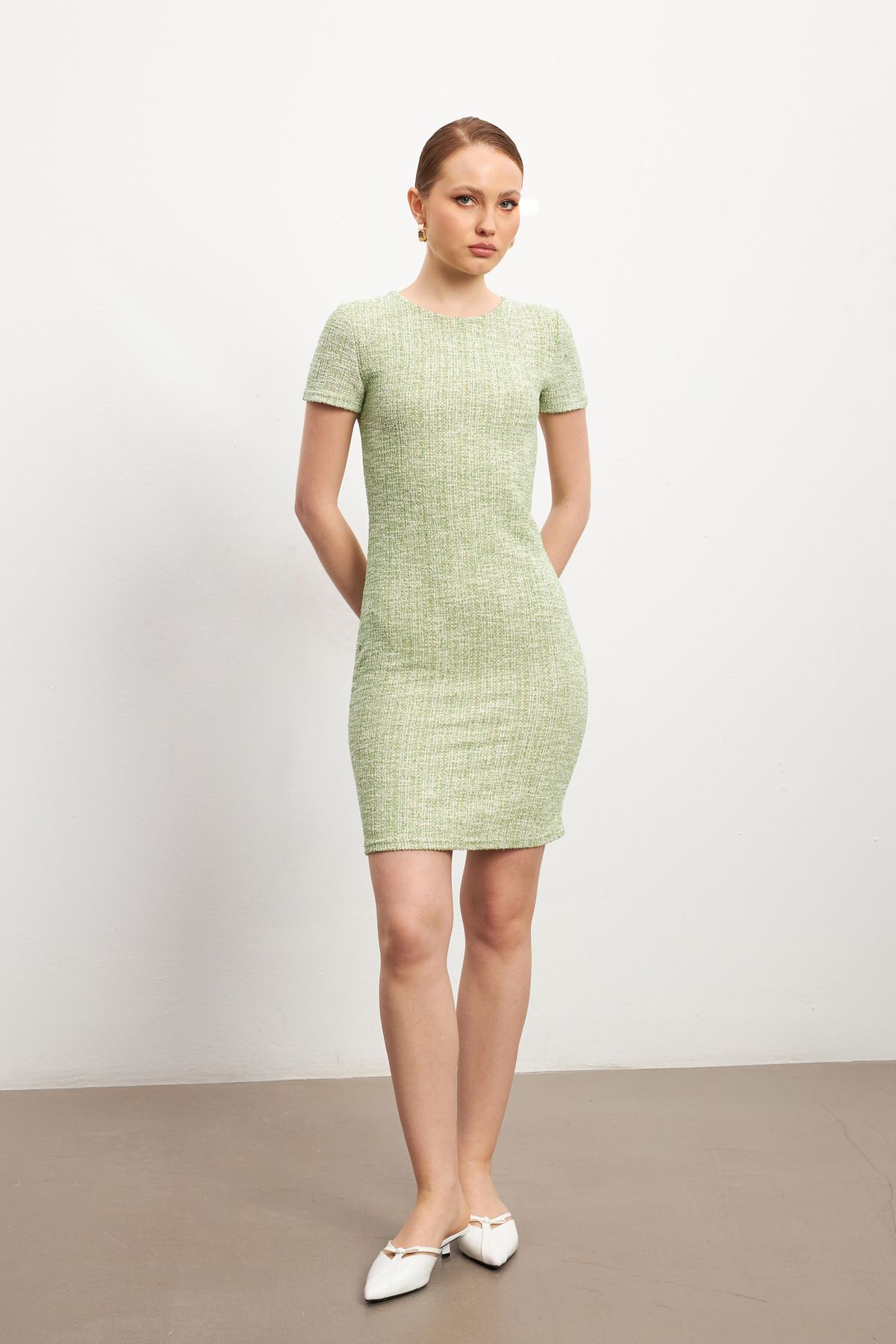 MODAGEN-Women's Green Tweed Short Sleeve Mini Dress 3