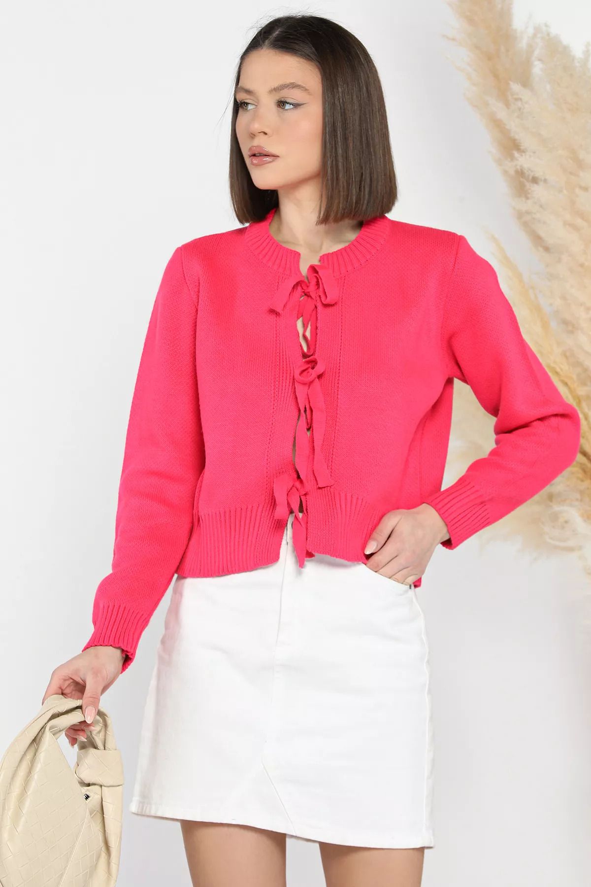 GÜLSELİ-Fuchsia Women's Front Tie Knitwear Jacket 1