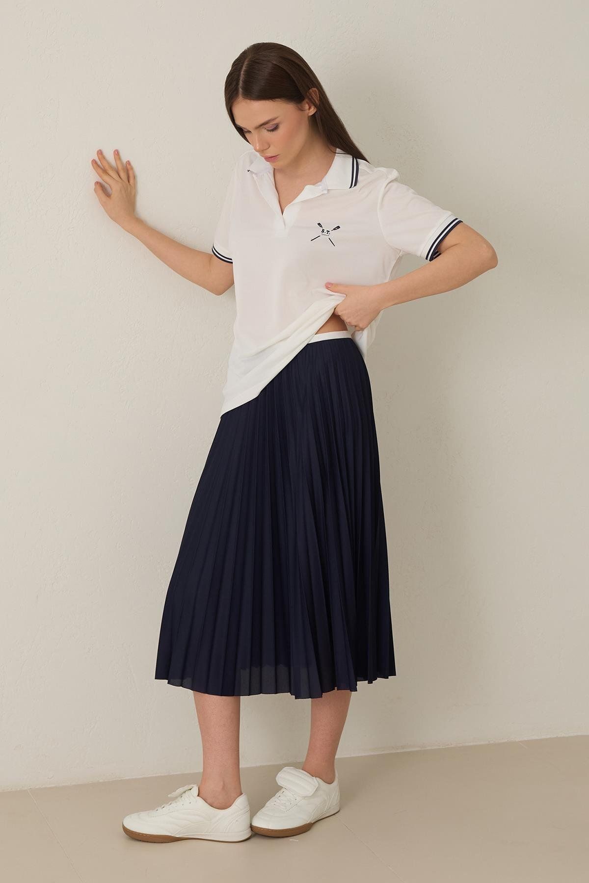 Setre-Ecru-Navy Collar and Stripe Detailed Mini Embroidered T-Shirt 3