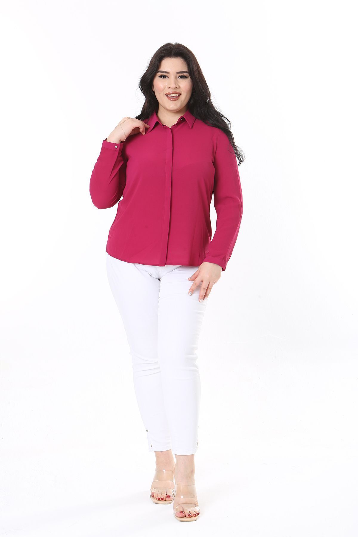 Şans-Plus Size Fujya Blouse - Hidden Placket and Front Button Detail 65N38019 2