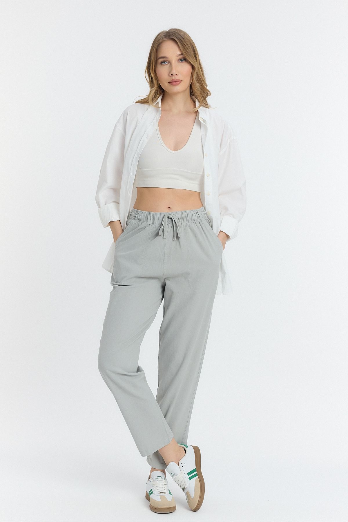 COMBİNE MİCHAİL-Linen Blended Loose Fitting Gray Trousers 1