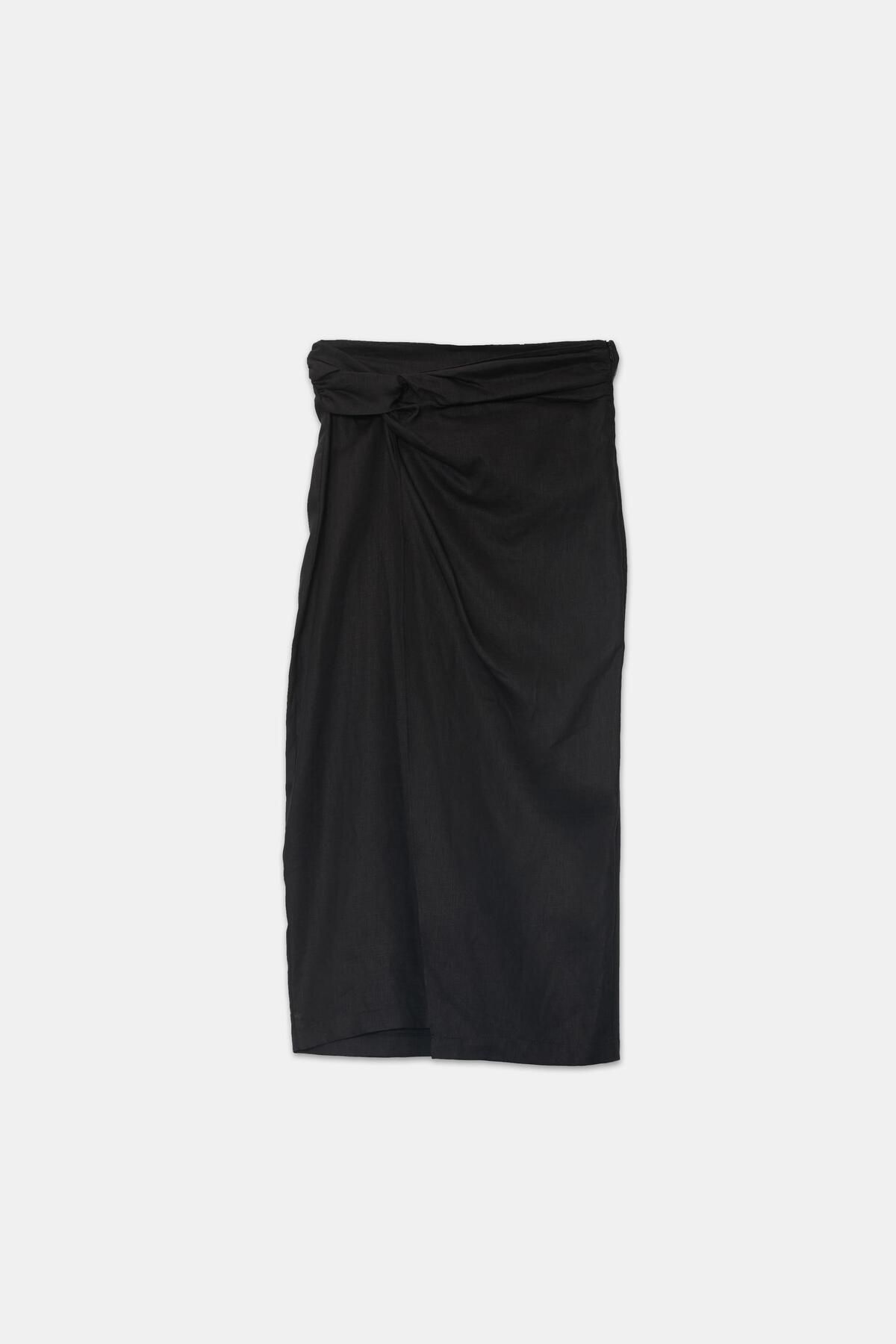 Setre-Black Linen Skirt with Waist and Slit Detail 1