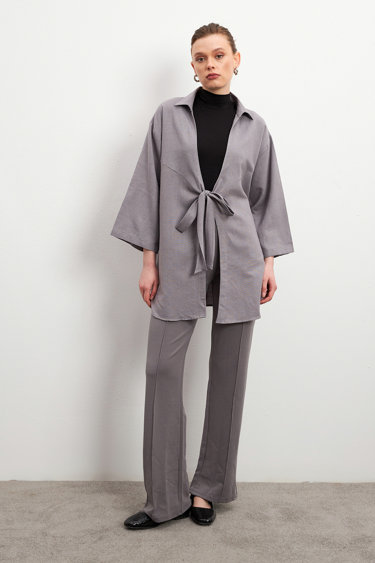 Women's Gray Tie Detailed Flam Linen Kimono