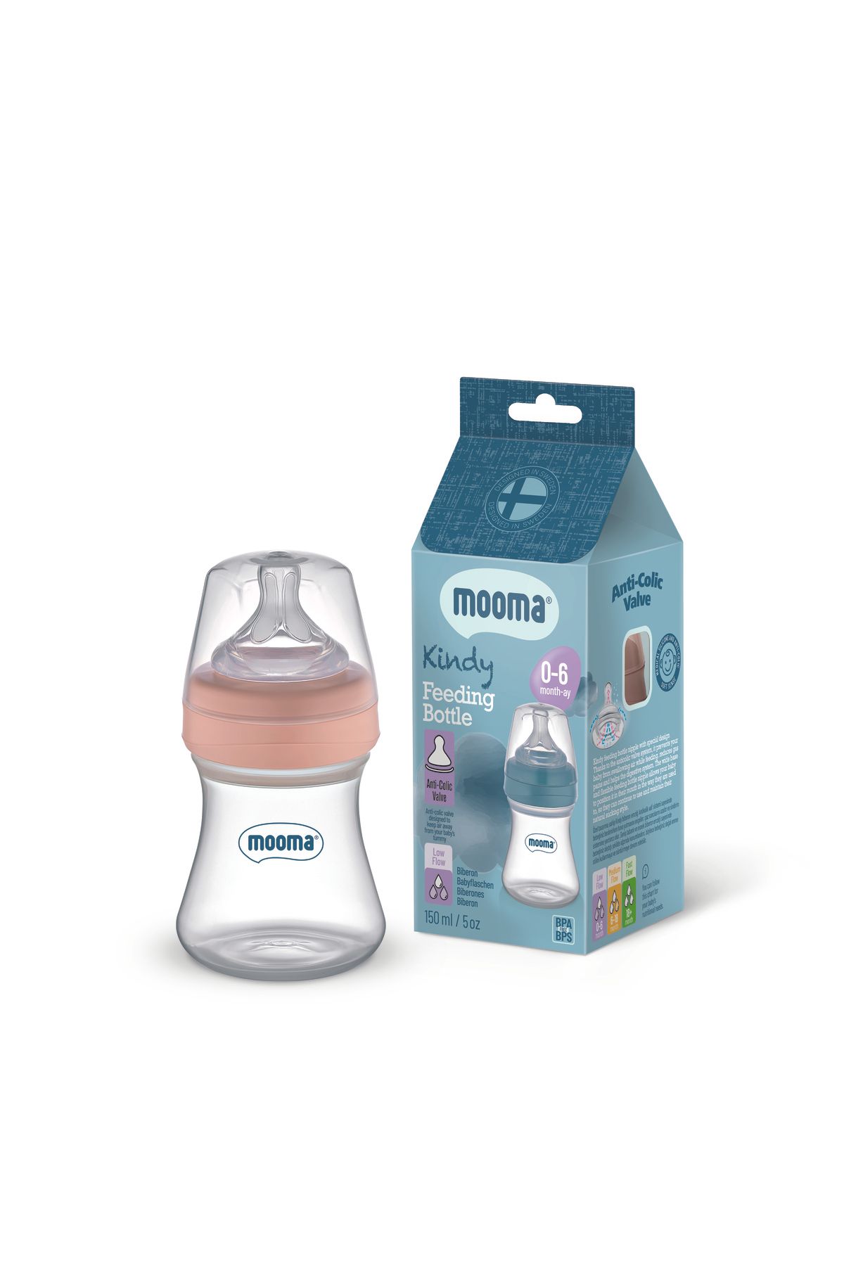 MOOMA Kindy Biberon 150 ml 0-6 Ay (Yavaş Akış) - Old Rose