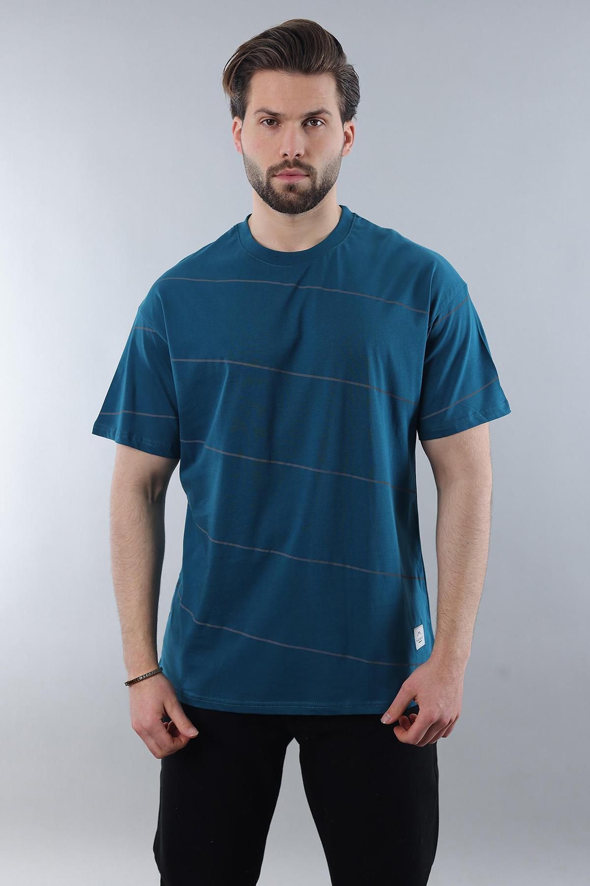 Madmext-Ανδρικό μπλουζάκι Petrol Blue Crew Neck Basic ριγέ E7102 2