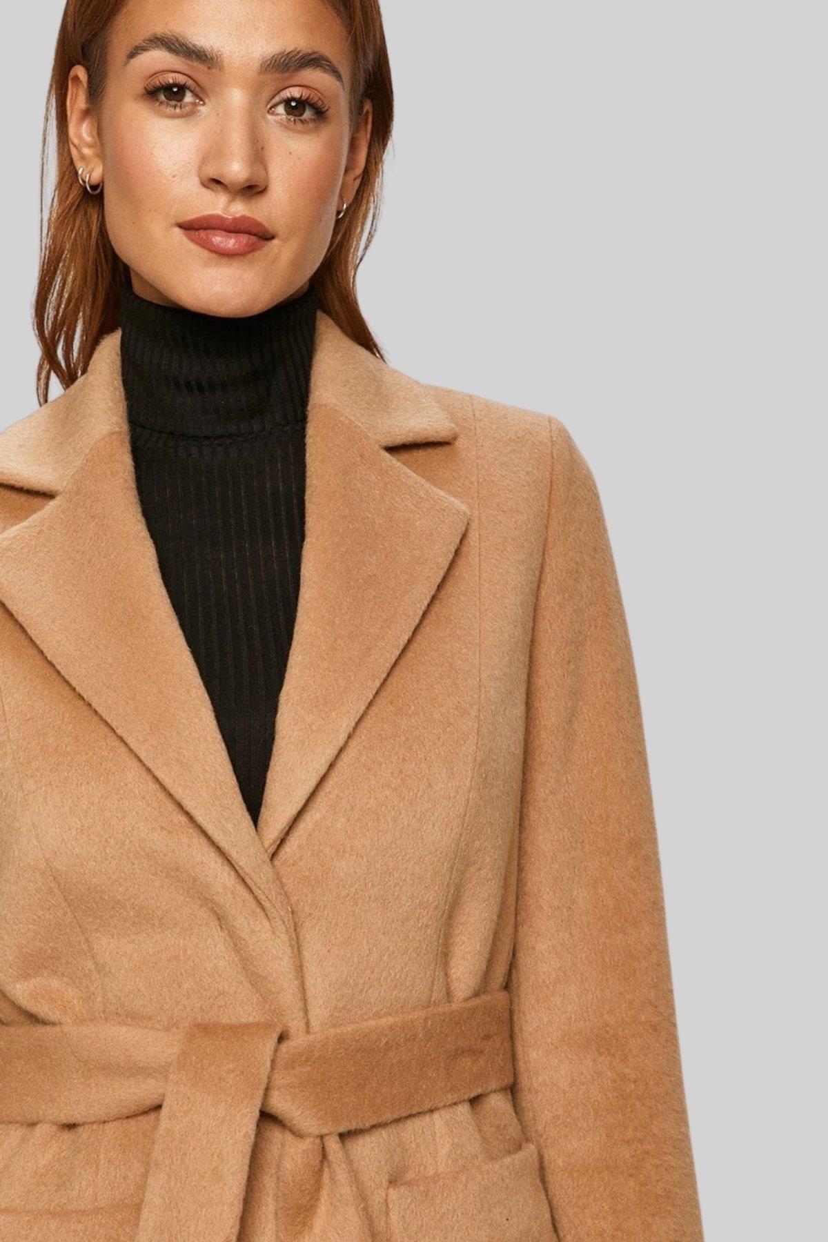 HUGO  Kadın Regular Fit Yün Palto Bej - Görsel 4