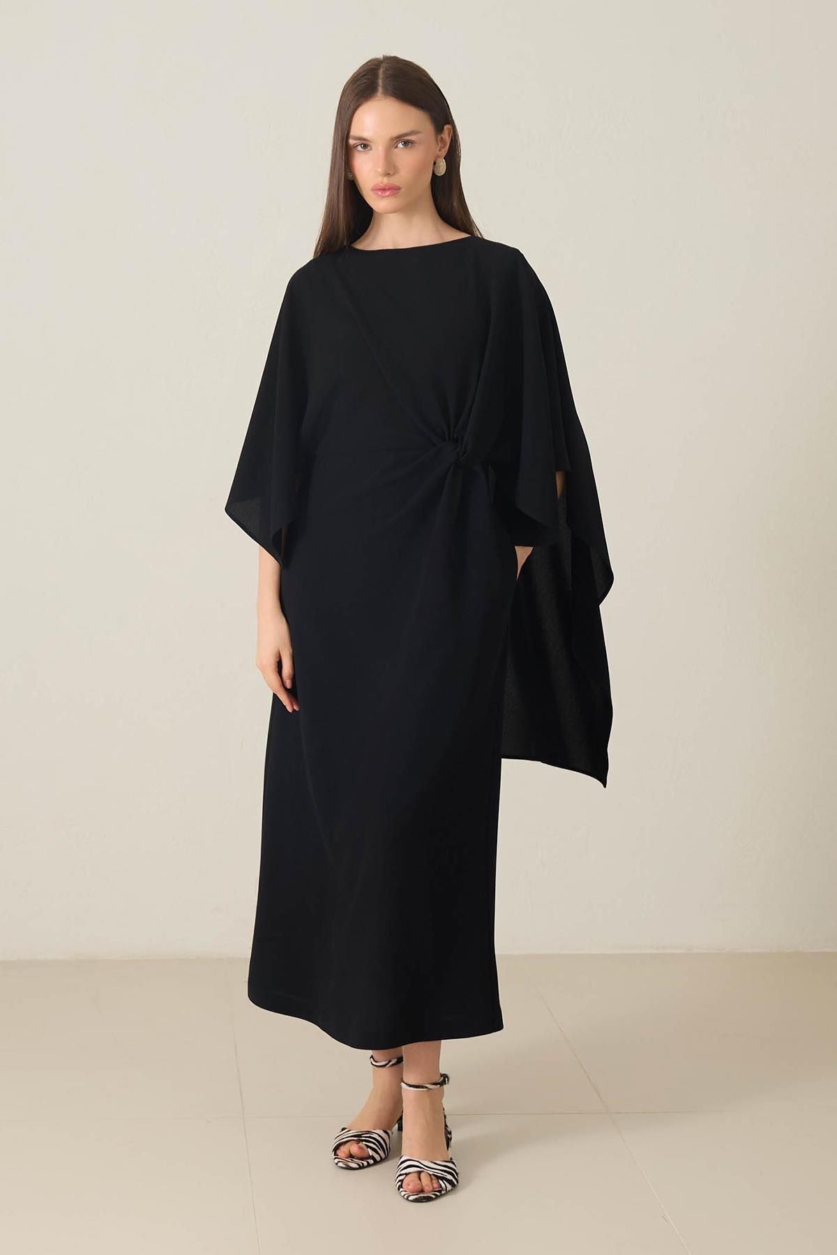 Setre-Black Boat Neck Waist Drawstring Detail Long Sleeve Midi Length Dress 2