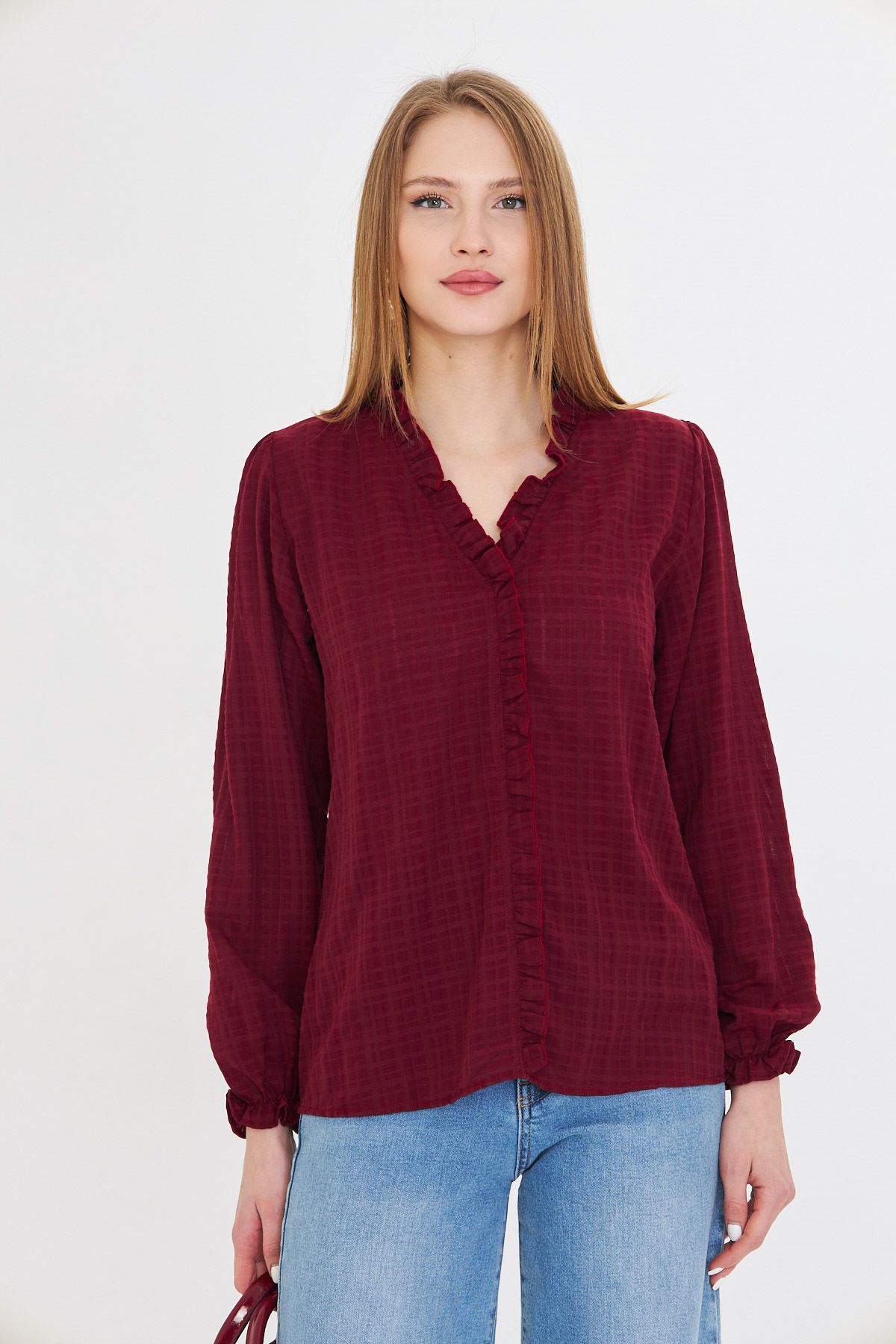 armonika-Women's Burgundy Long Sleeve Blouse with Ruffle Detail on the Collar and Elastic Sleeves Arm-25K 001030 3