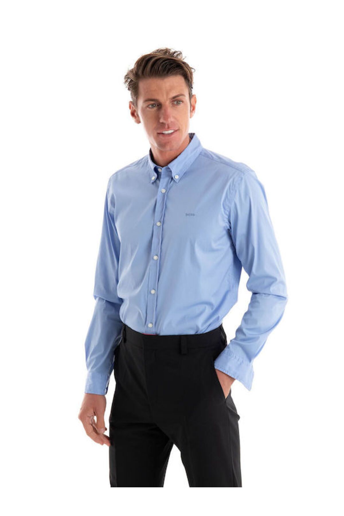 BOSS-Men's Slim Fit Long Sleeve Logo Pattern Light Blue Shirt 50520291 -450 2