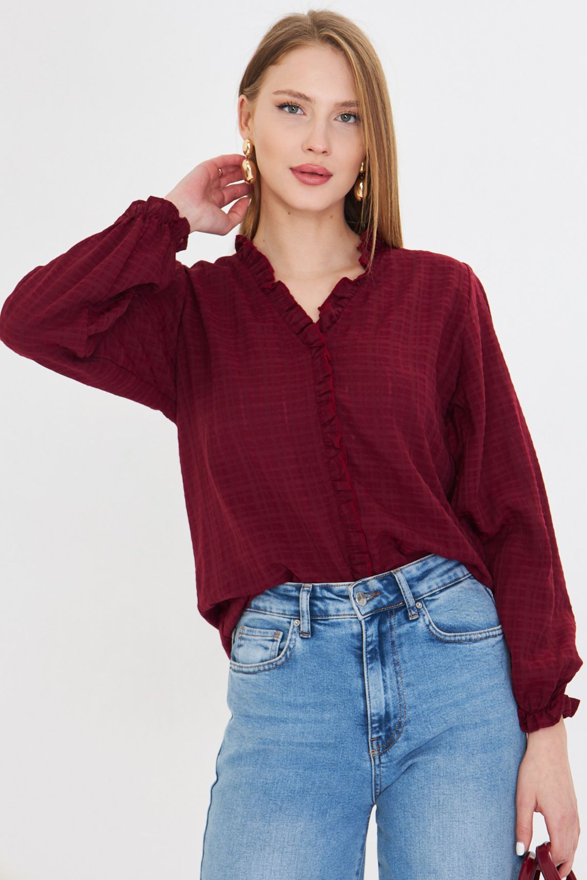 armonika-Women's Burgundy Long Sleeve Blouse with Ruffle Detail on the Collar and Elastic Sleeves Arm-25K 001030 2