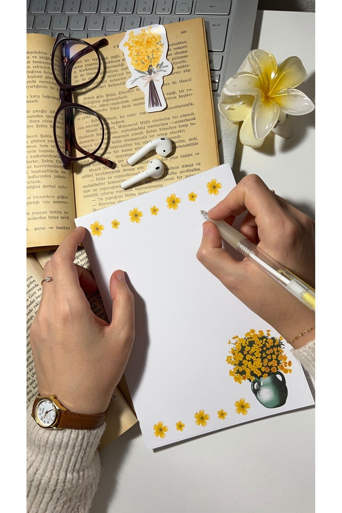 Handeto Kraft-لوحة ملاحظات مقاس A5 بنمط الأزهار الصفراء - دفتر ملاحظات قابل للسحب، دفتر ملاحظات مع غراء، غير مبطن 2