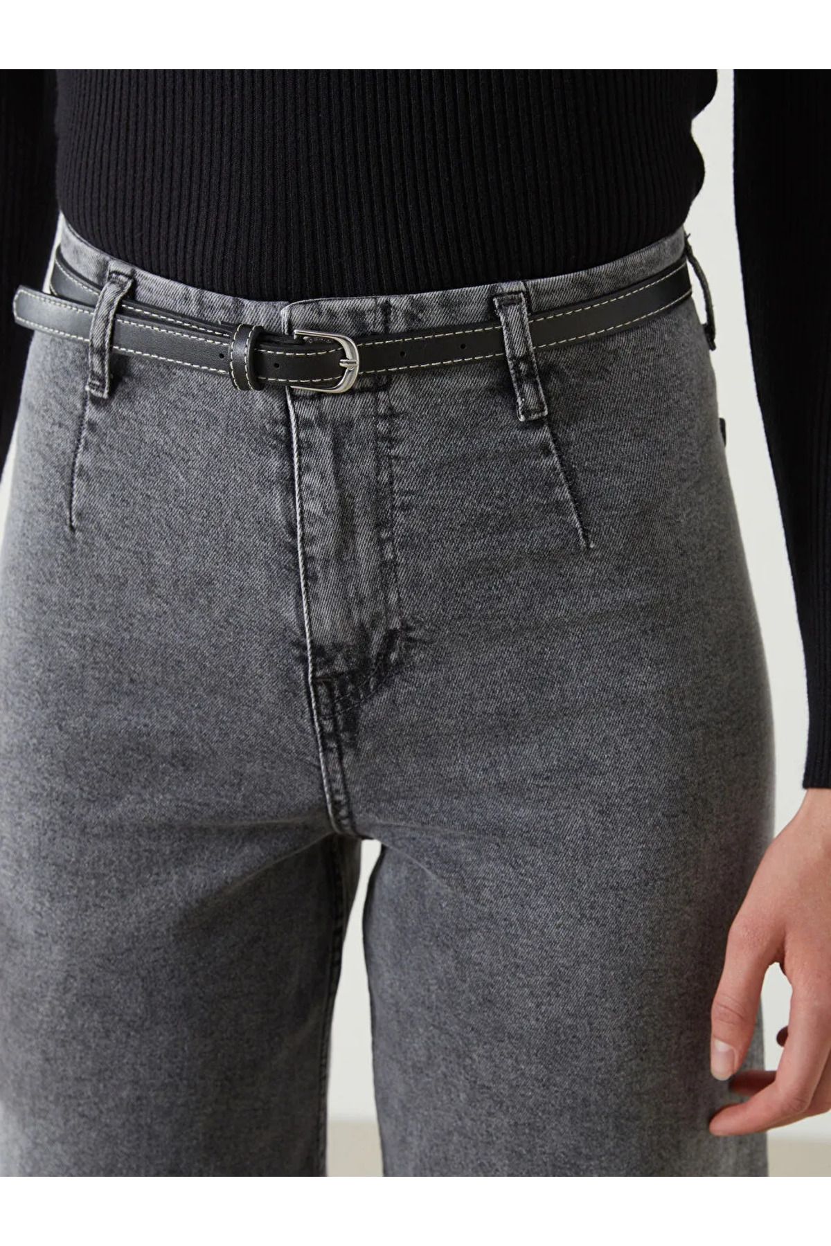 LC Waikiki-Lcw Jeans Gray Wideleg Women's Jean Trousers with Belt 3