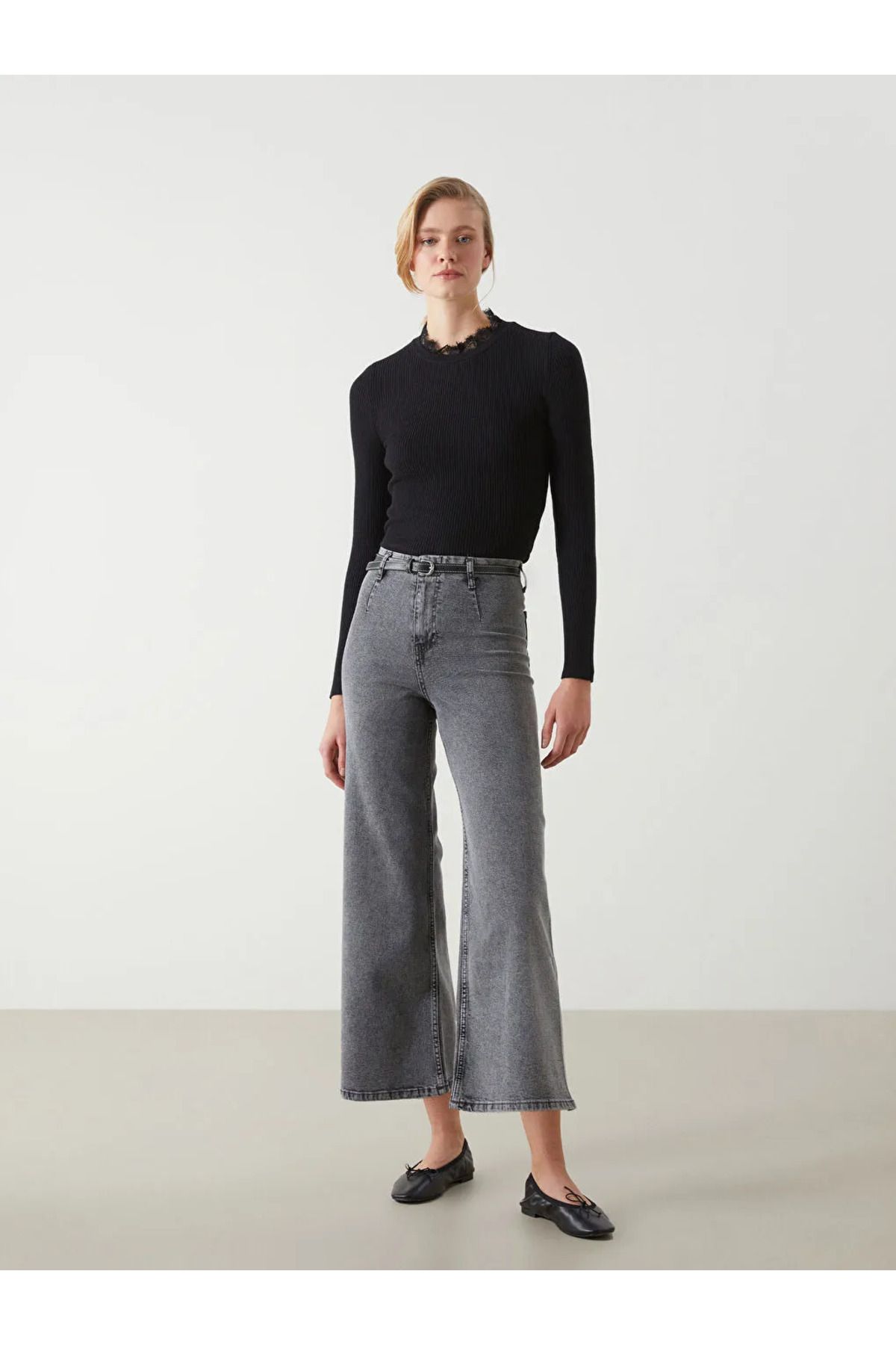 LC Waikiki-Lcw Jeans Gray Wideleg Women's Jean Trousers with Belt 4