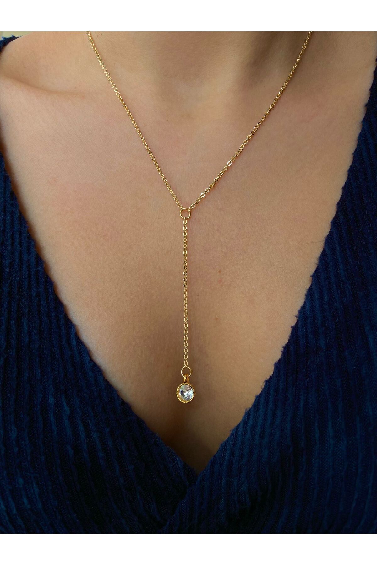 Taşlı Yuvarlak Charm Altın Kaplama Gold Y Kolye