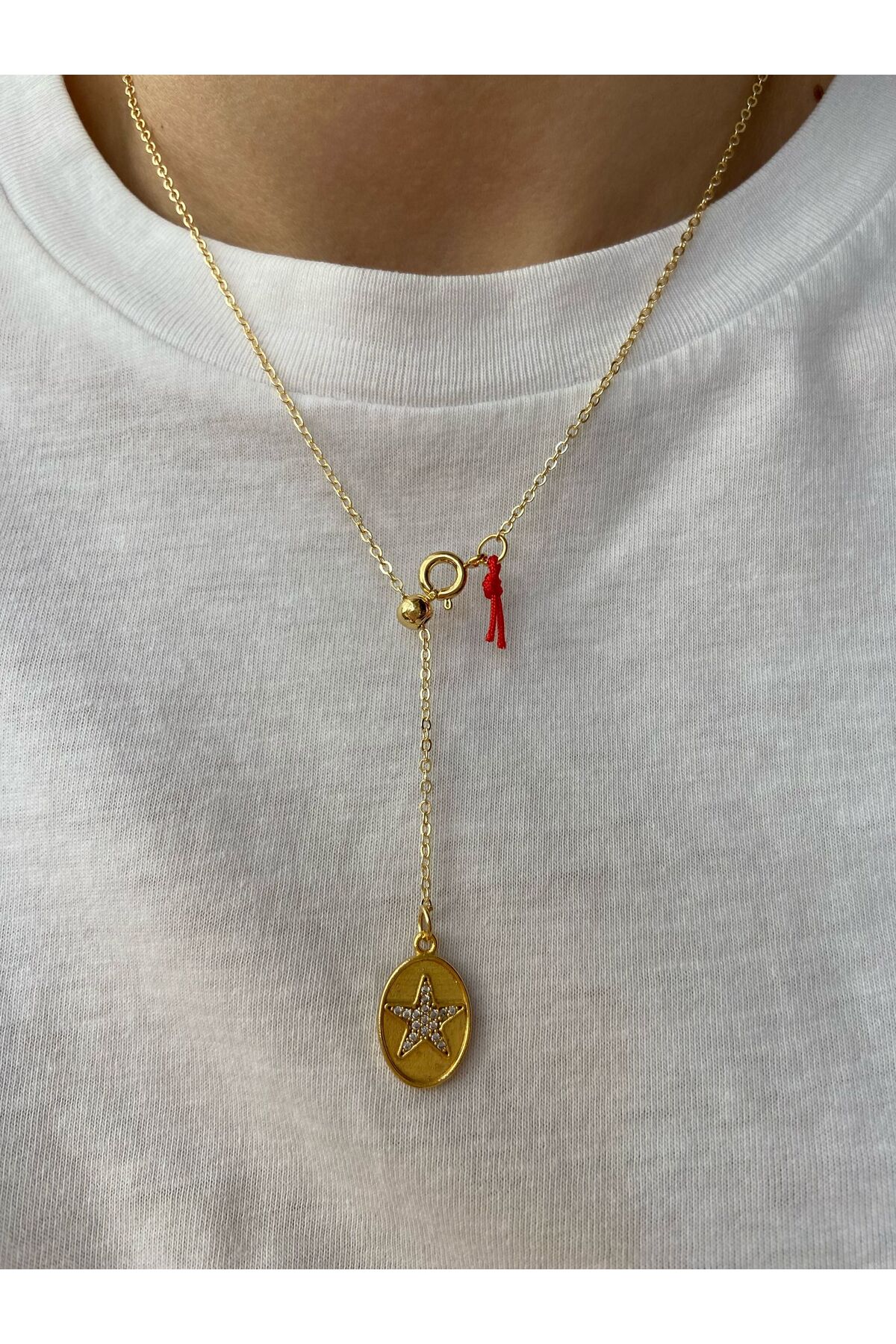Taşlı Yıldız Plaka Ve Kırmızı Kurdela Gold Altın Kaplama Asansör Kolye
