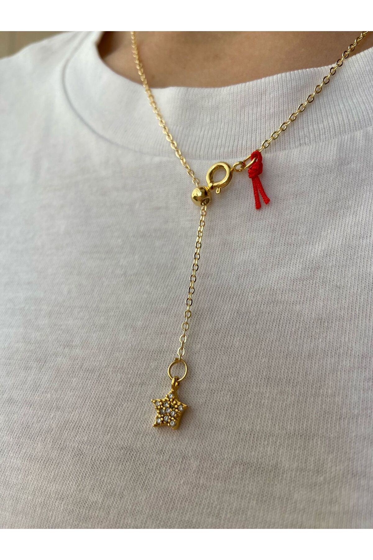 Taşlı Yıldız Plaka Charm Yılan Zincir Altın Kaplama Gold Kadın Kolye (45 Cm) – Sevgililer Günü Özel - Detay Görseli 2