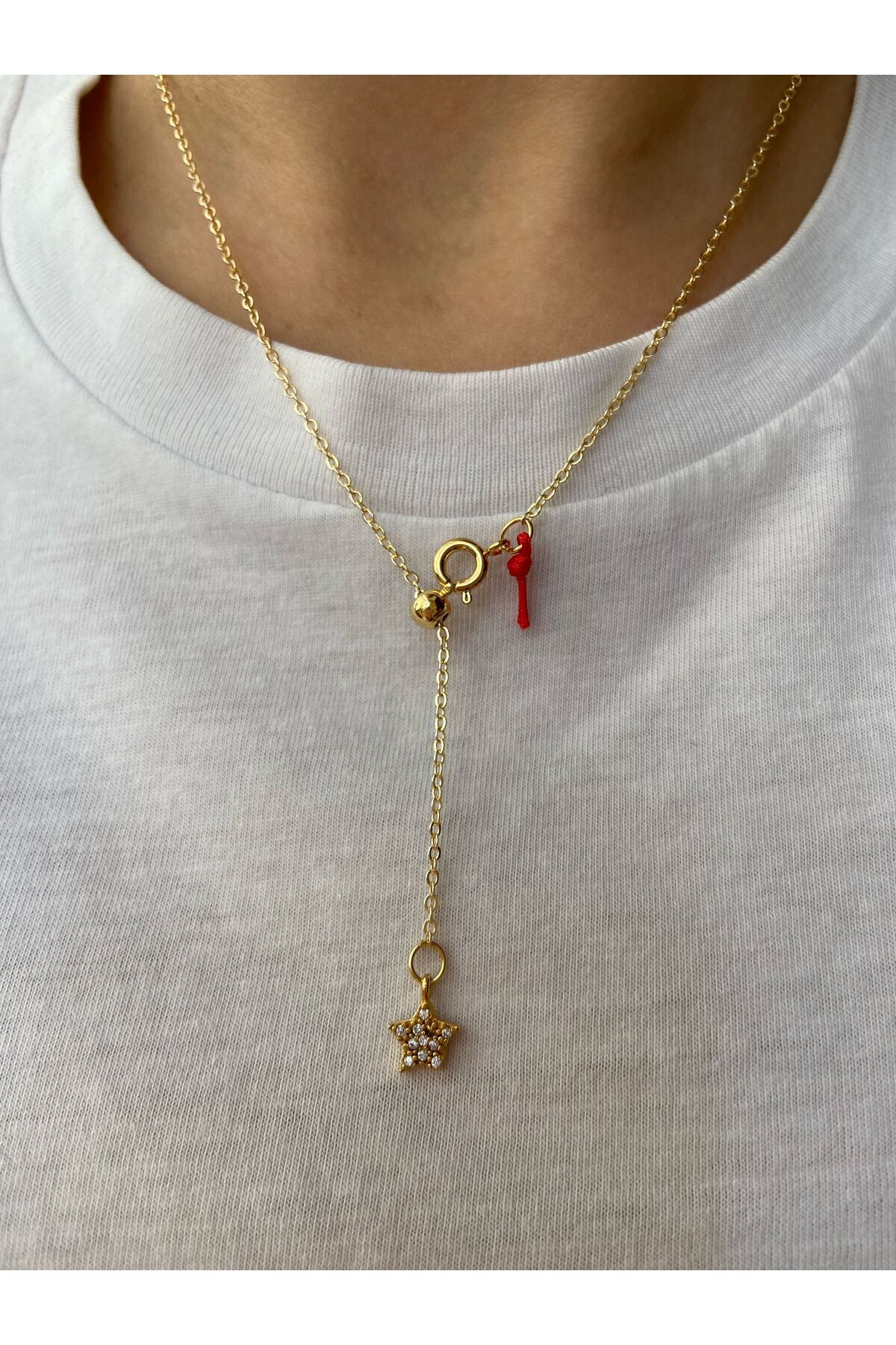 Taşlı Yıldız Plaka Charm Yılan Zincir Altın Kaplama Gold Kadın Kolye (45 Cm) – Sevgililer Günü Özel - Detay Görseli 1