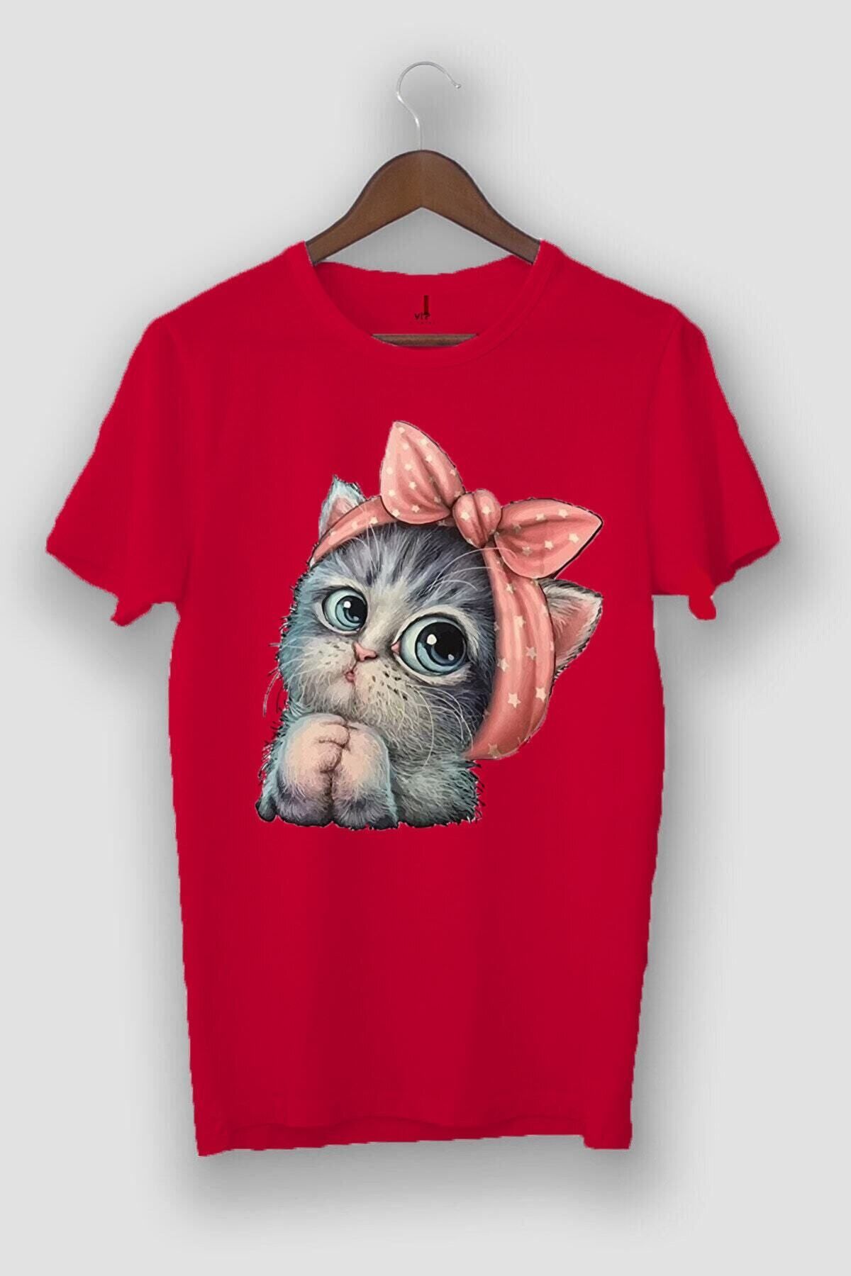 ModaSphere Griland Oversize Unisex Kırmızı Sevimli Minik Kedi Baskılı T-shirt