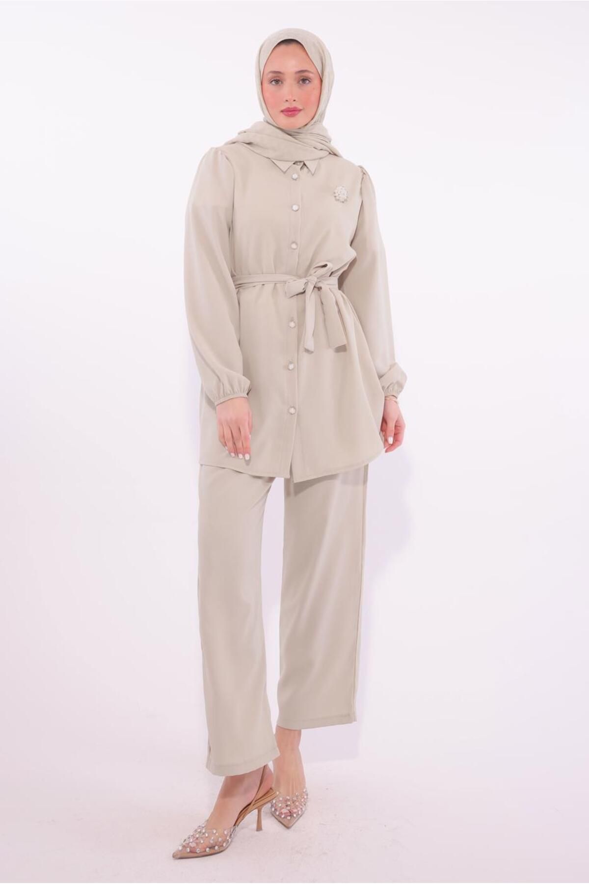 TRENDTESETTÜR-Women's Beige Brooch Detailed Trousers Suit t 8674 1