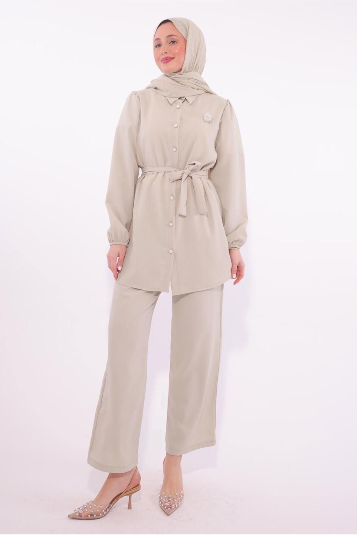 TRENDTESETTÜR-Women's Beige Brooch Detailed Trousers Suit t 8674 2