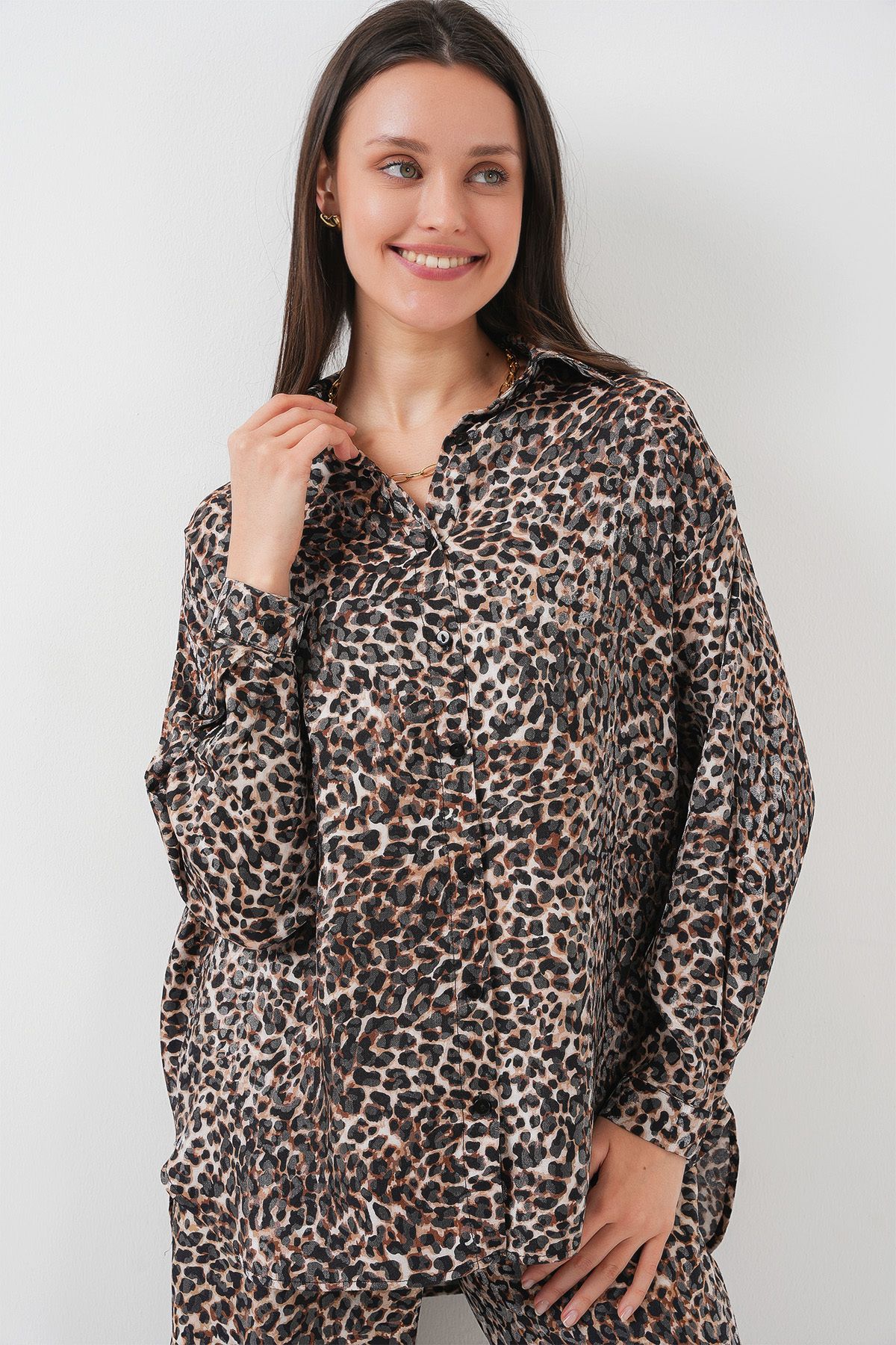 Bigdart-6699 Leopard Patterned Top and Bottom Set - C. Brown 2
