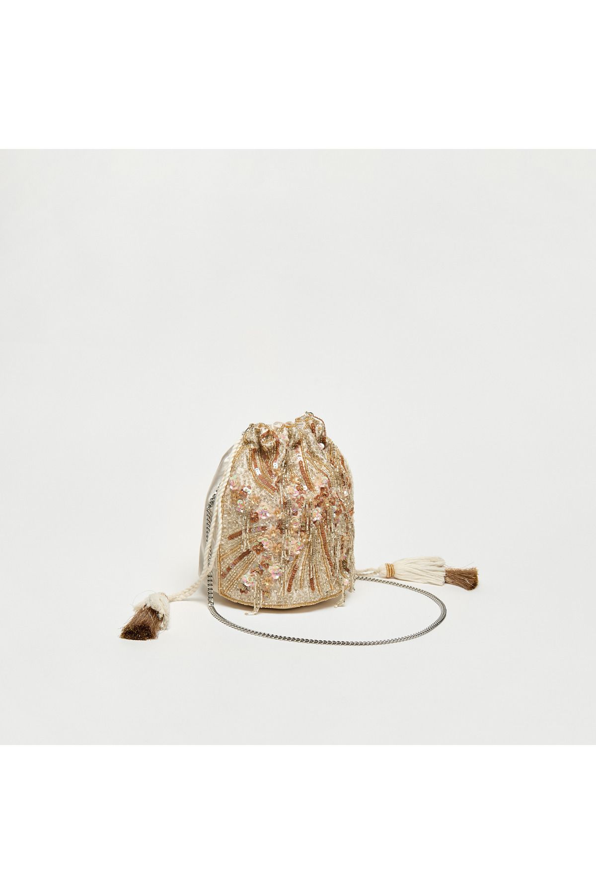 Accessories-Embellished Bucket Bag With Drawstring Closure And Chain Strap 1