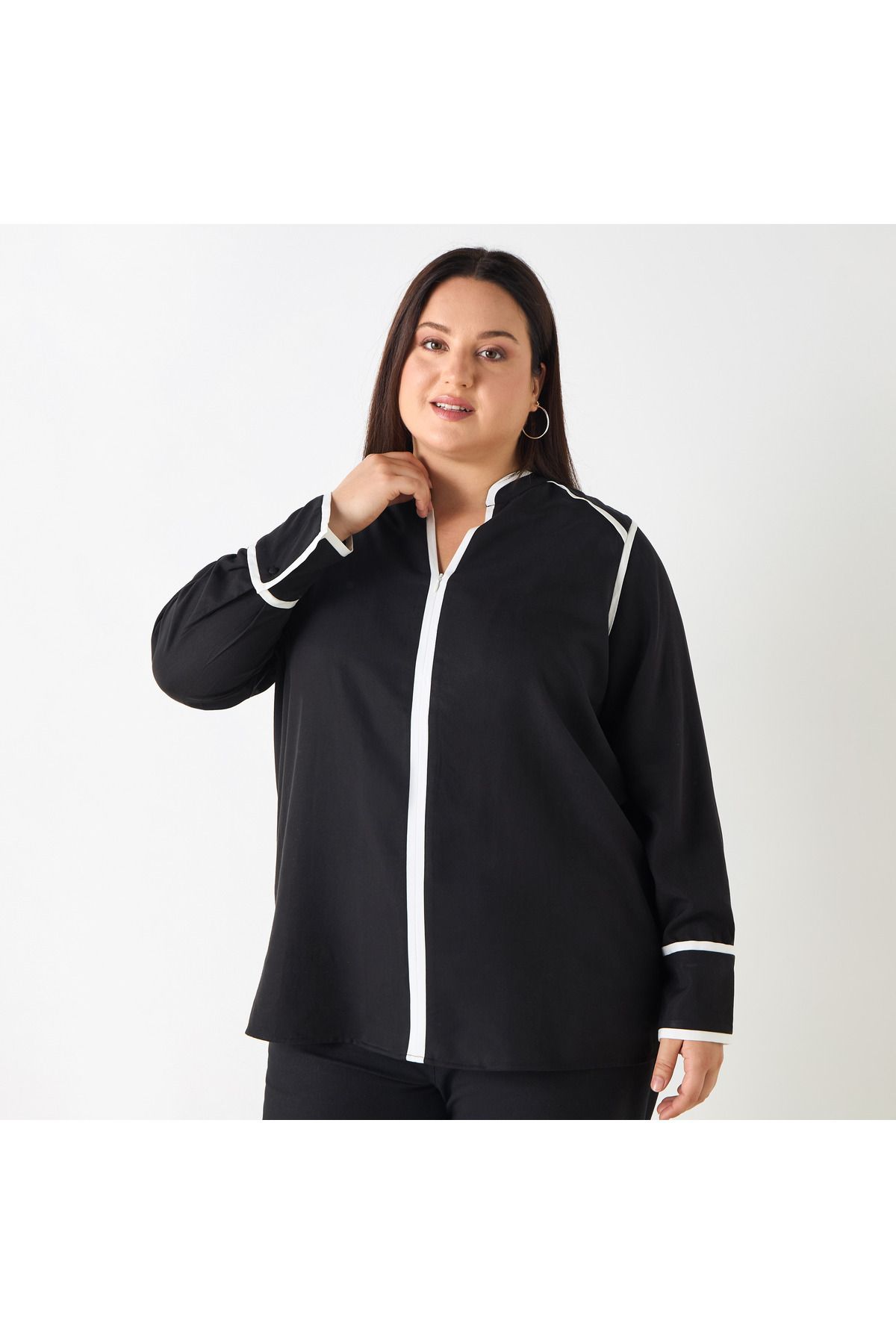 Ulla Popken-Plus Size Panelled Zip Through Top With Long Sleeves 1