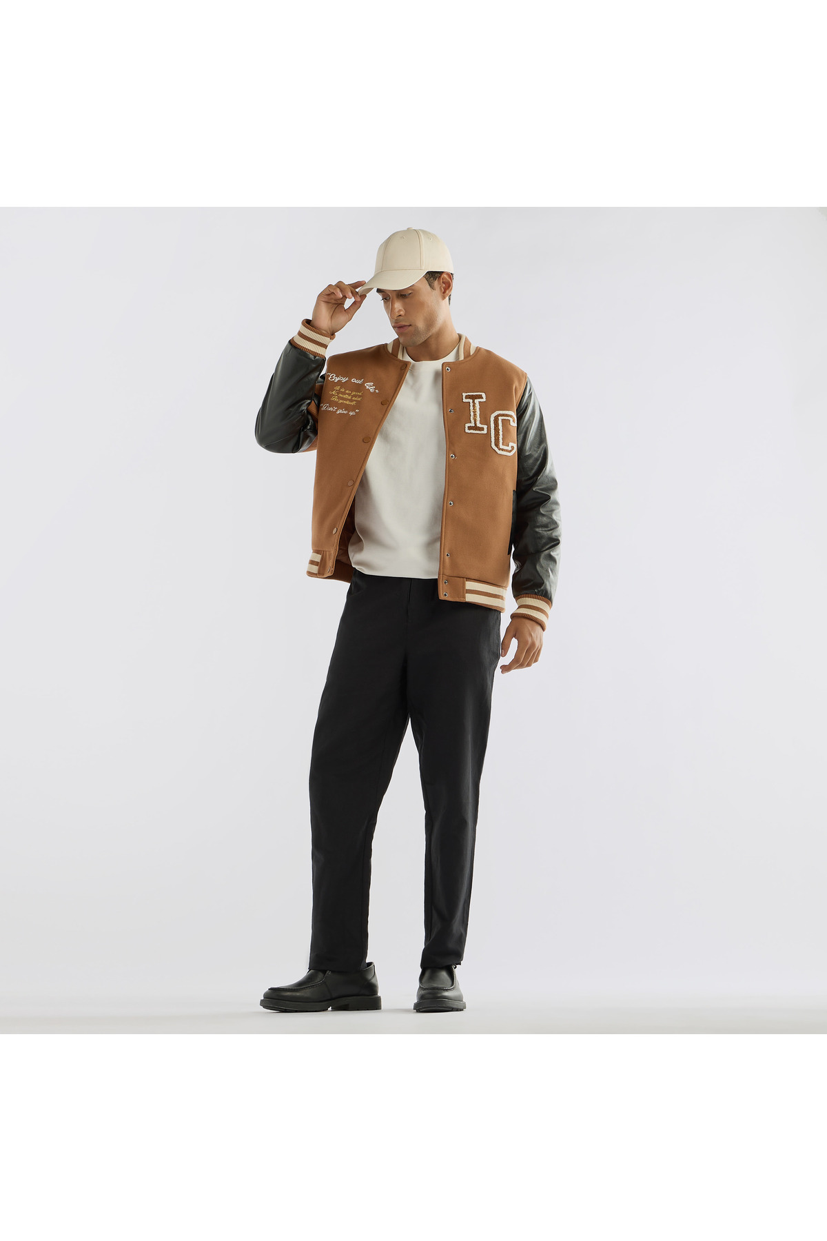 FAV-Slogan Detail Button Through Bomber Jacket With Pockets And Long Sleeves 2