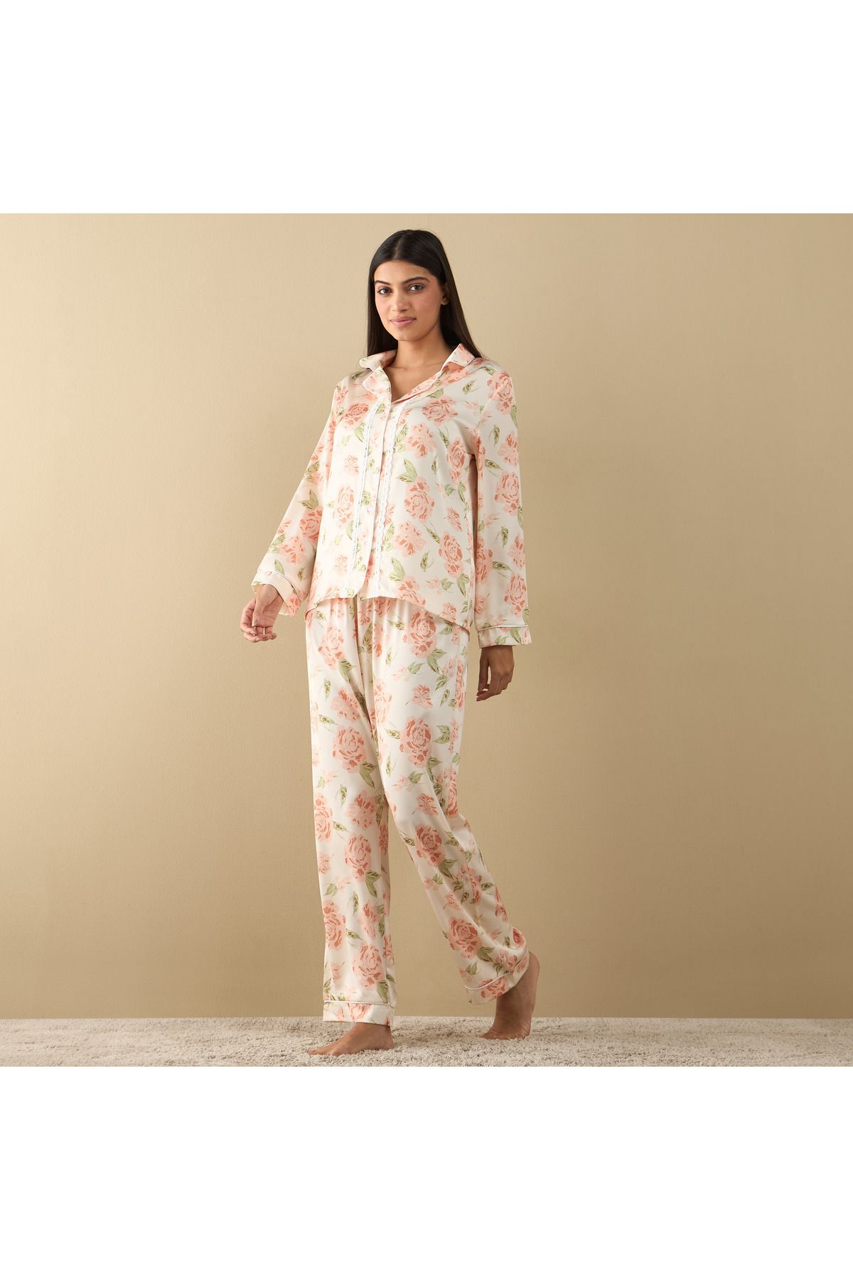 FAV-All-over Floral Print Laced Long Sleeve Shirt And Elasticated Pyjama Set 1