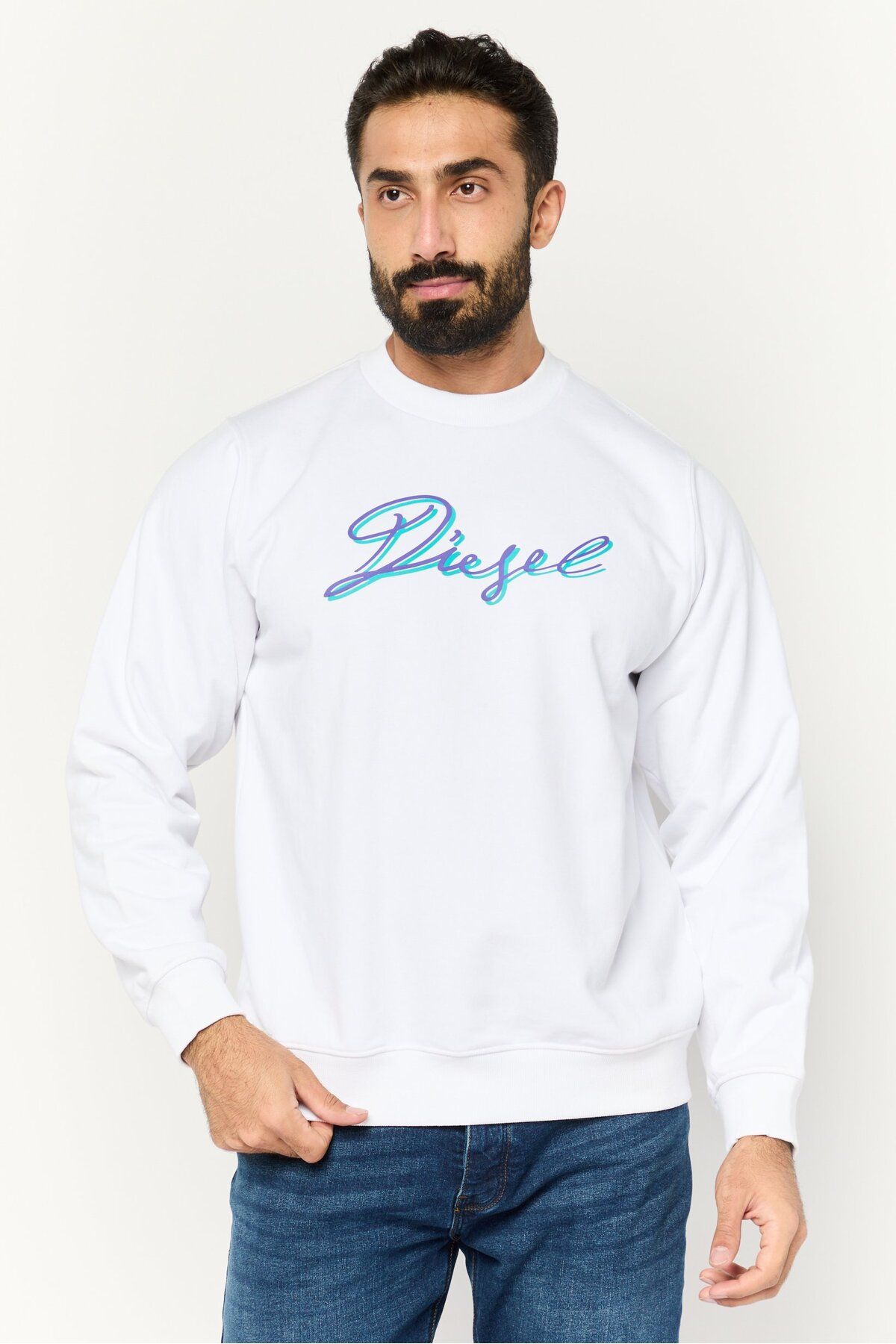 Diesel-Men Crew Neck Brand Logo Long Sleeve Sweatshirt, White 1