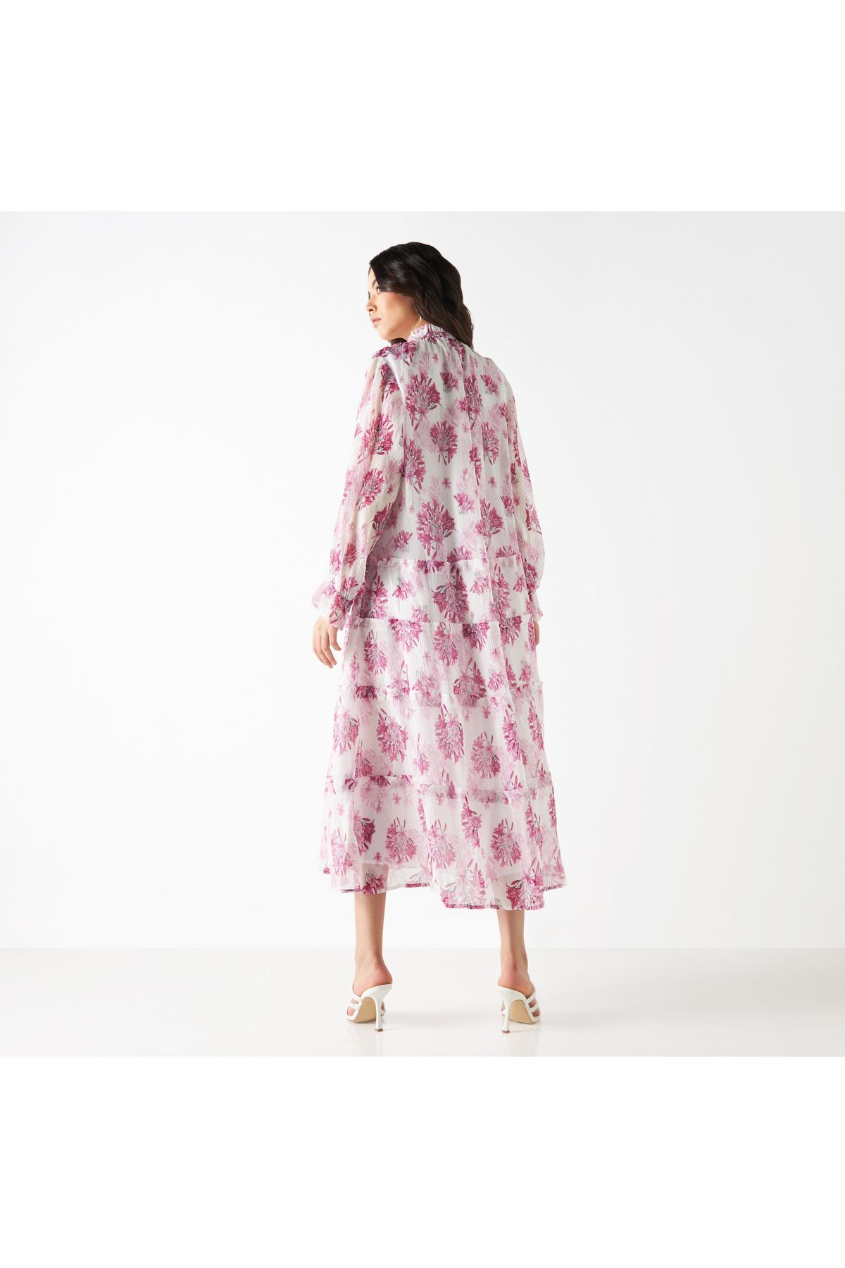 Iconic-All-over Floral Print Tiered Dress With Long Sleeves And Neck Tie-ups 2