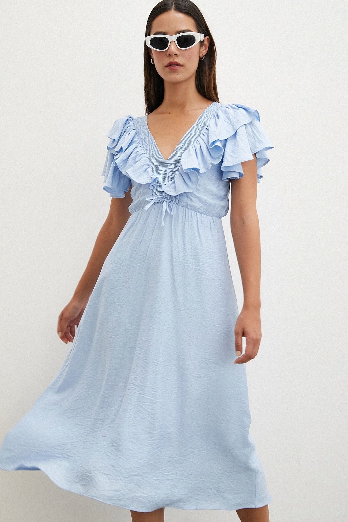 TRENDQUEL-Blue Linen Dress - V-Neck, Ruffle Detail and Elastic 1