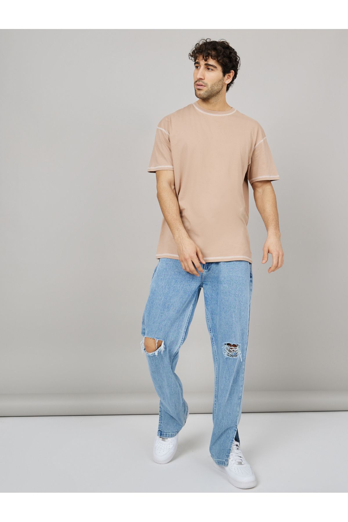 Styli-Contrast Stitch Compact Jersey Oversized T-Shirt 2
