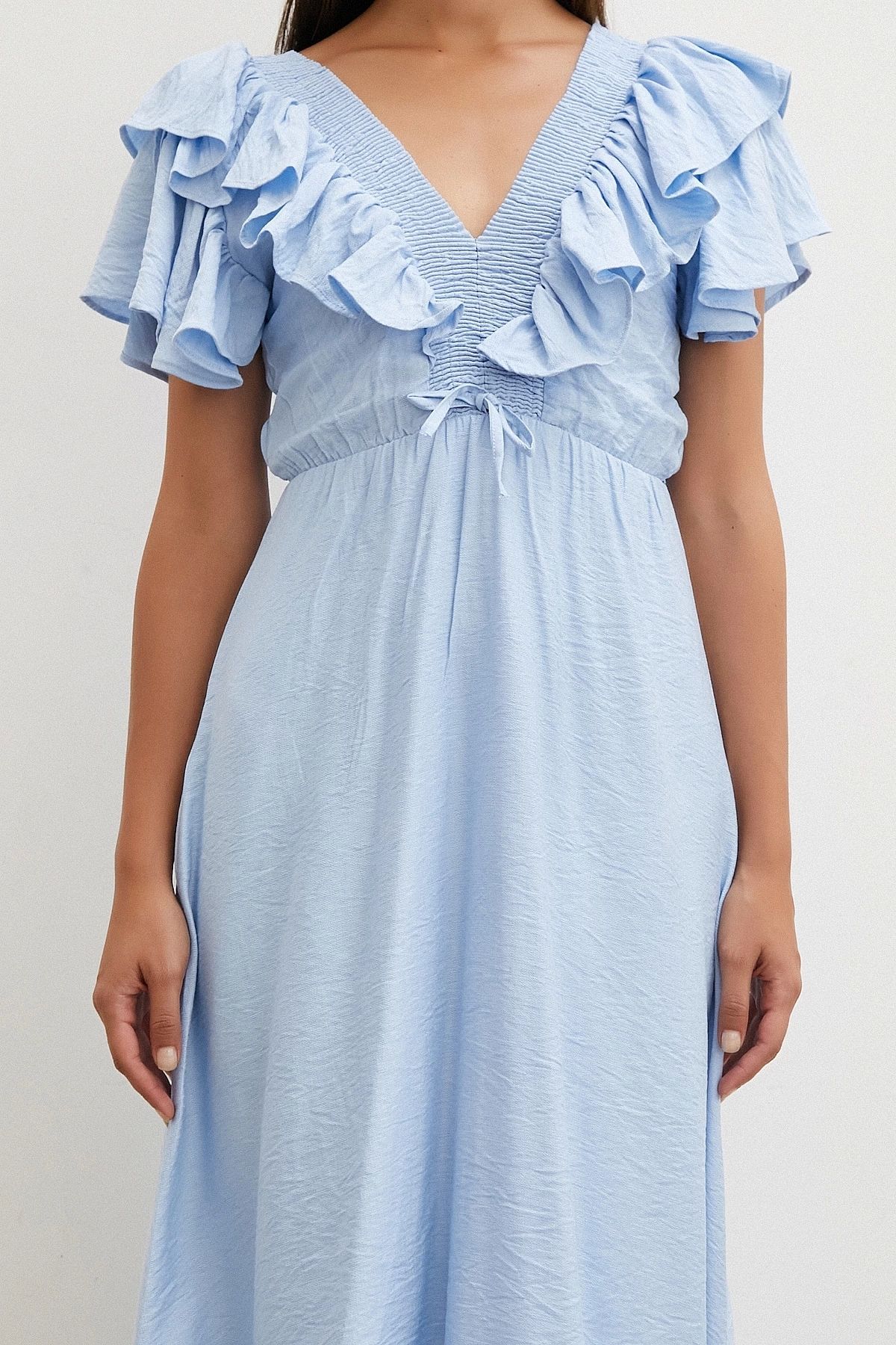 TRENDQUEL-Blue Linen Dress - V-Neck, Ruffle Detail and Elastic 3