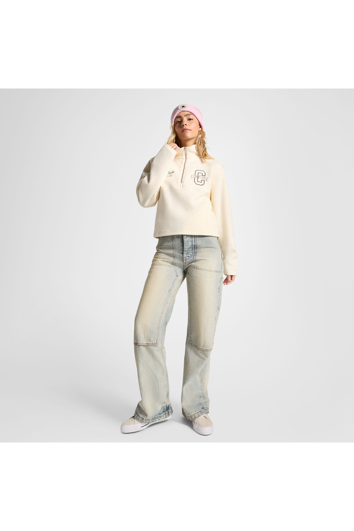 Converse Classic Kadın Yarım Fermuarlı Krem Sweatshirt görsel 2