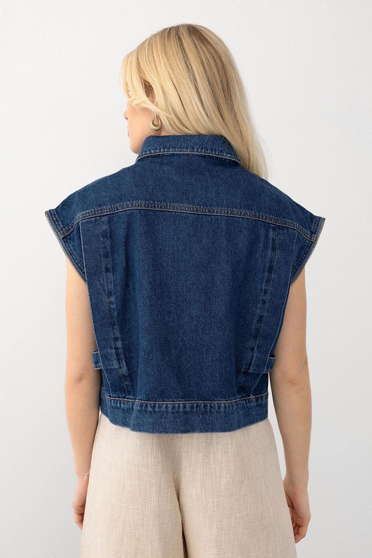 Olcay-Zipper Detailed Short Denim Vest Dark Blue 8256 8