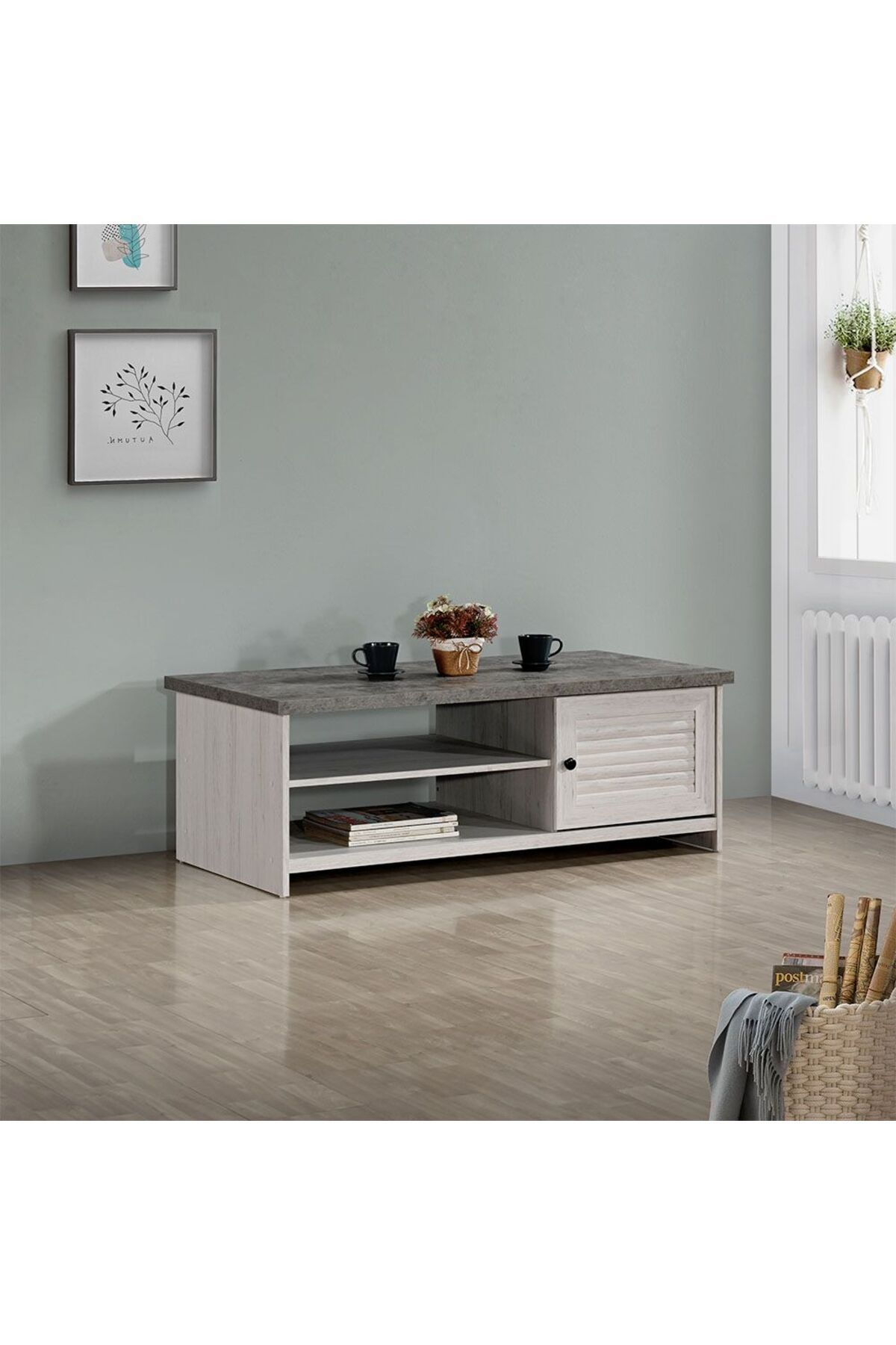 Danube Home-Zenith Coffee Table W/1Door L121xW60xH43.5cm - White Oak+Cement 1