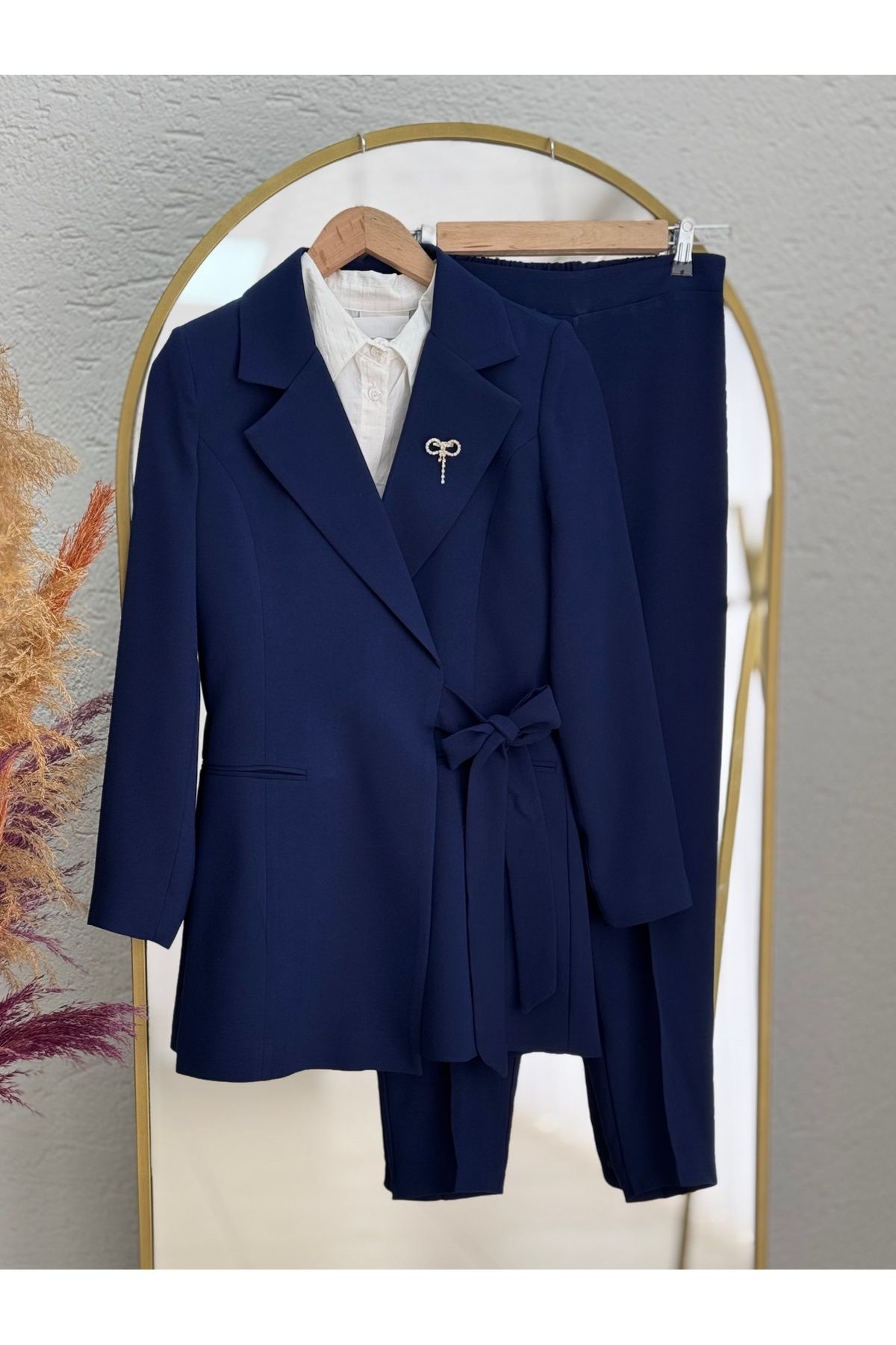 Ebrar Store-Sezen Bronchied Side Tie Jacket Suit-Un2016 Navy Blue 1