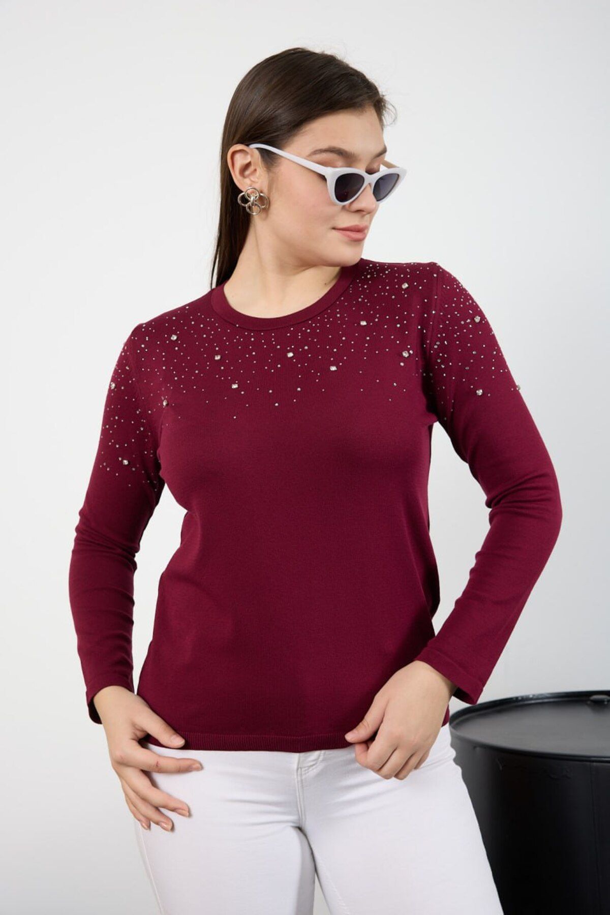 Coşkun GİYİM-Women's Crew Neck Viscose Pollyelite Front Stone Detailed Knitwear Blouse Claret Red B7065 1