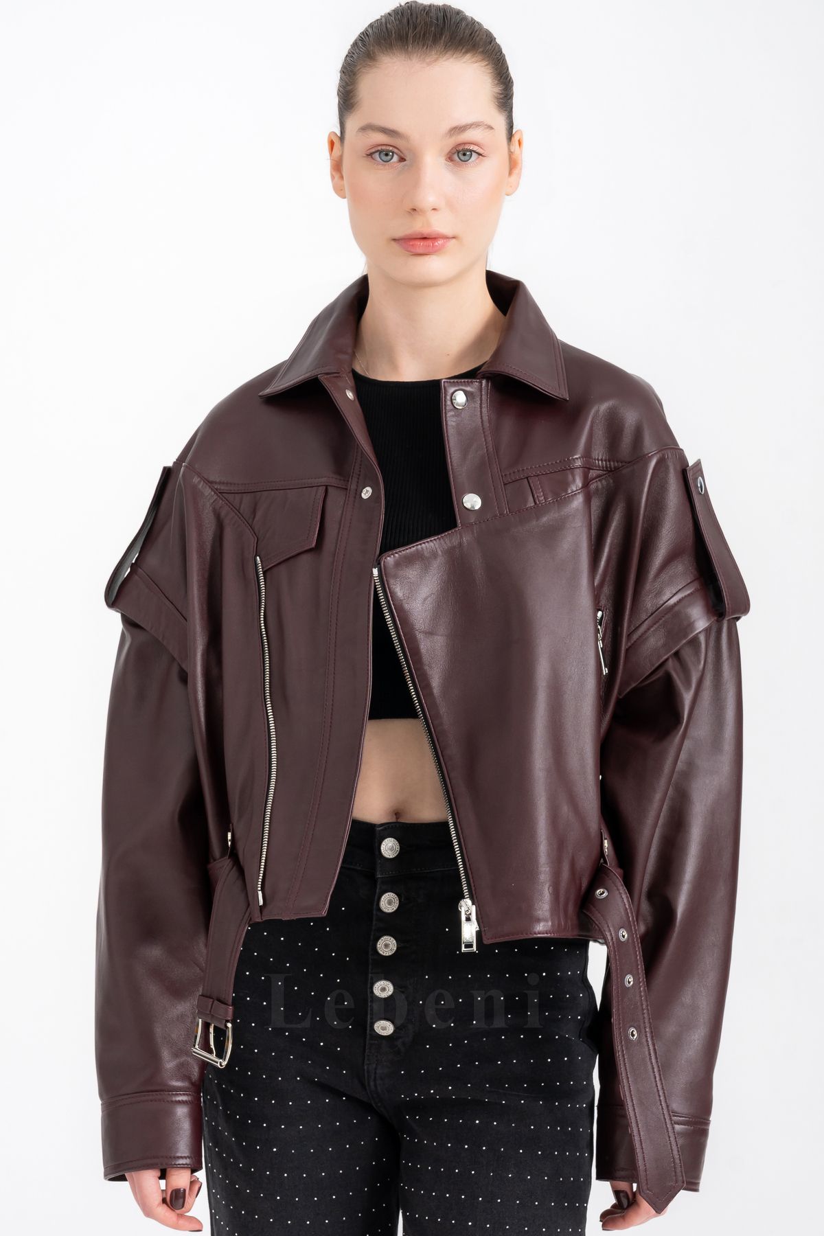 Lebeni-Women's Oversize Real Burgundy Lambskin Jacket Asymmetrical Zipper Biker Jacket 7